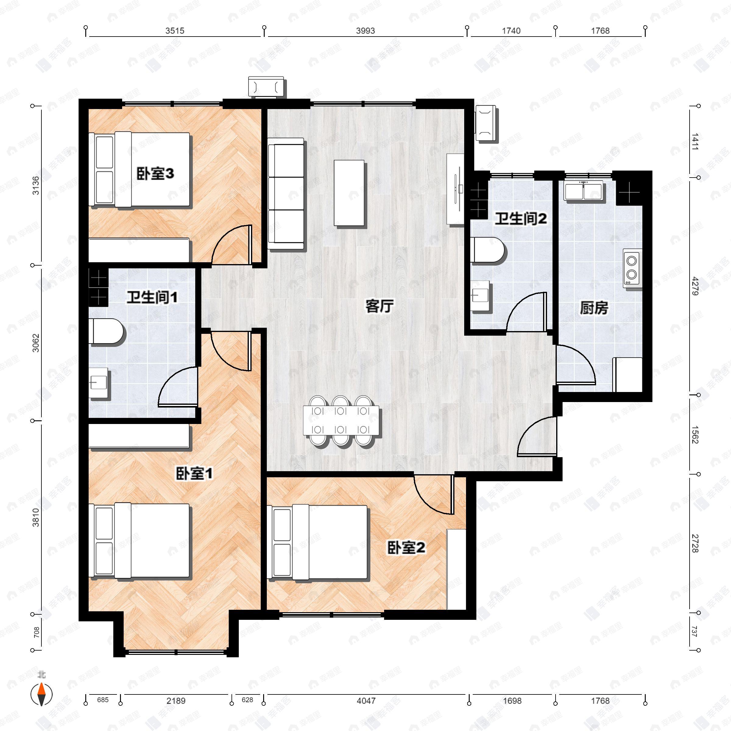3室2厅2卫建面106平北|南户型图