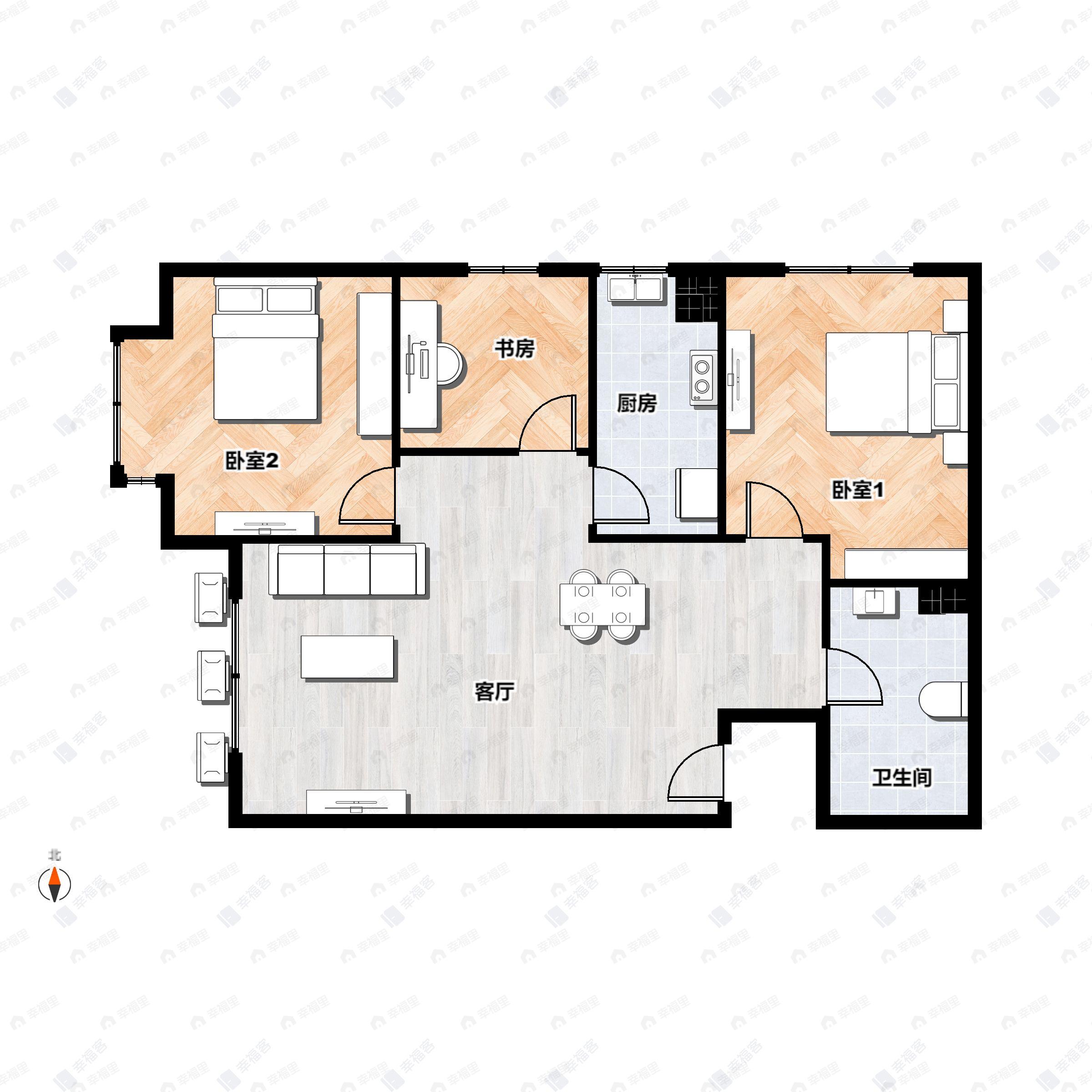 3室2厅2卫建面89平西|北户型图
