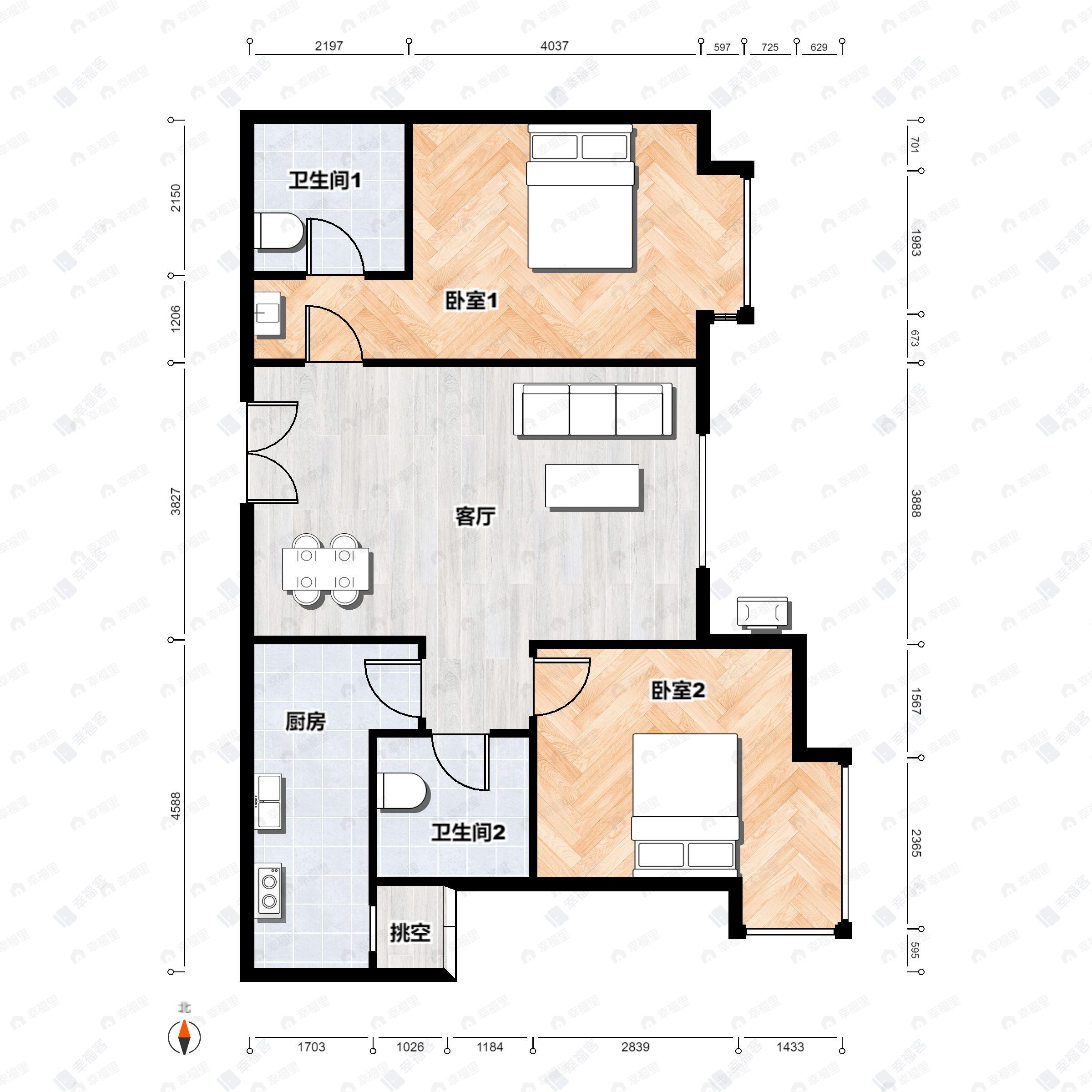 2室2厅2卫建面87平户型图