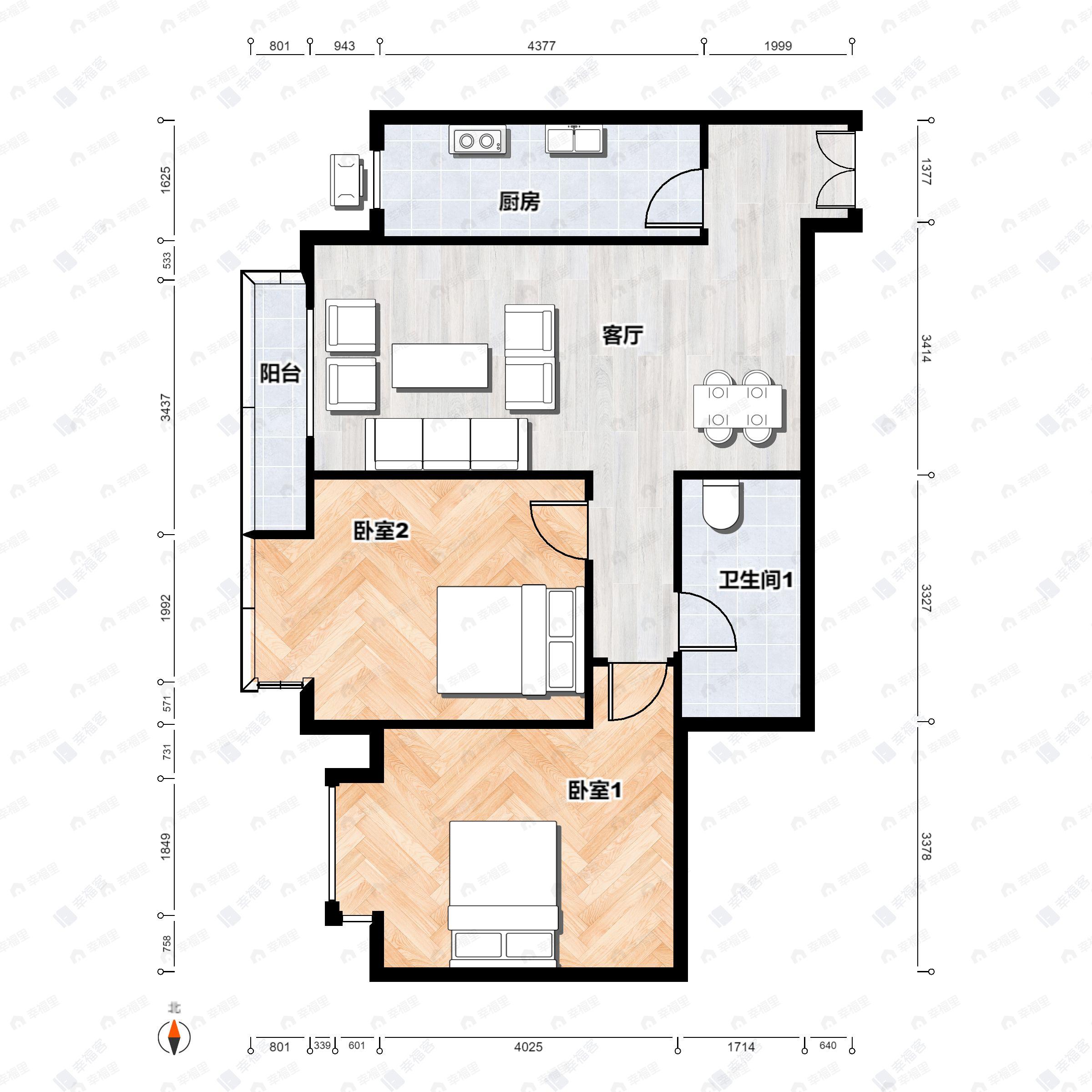 2室2厅1卫建面85平西户型图