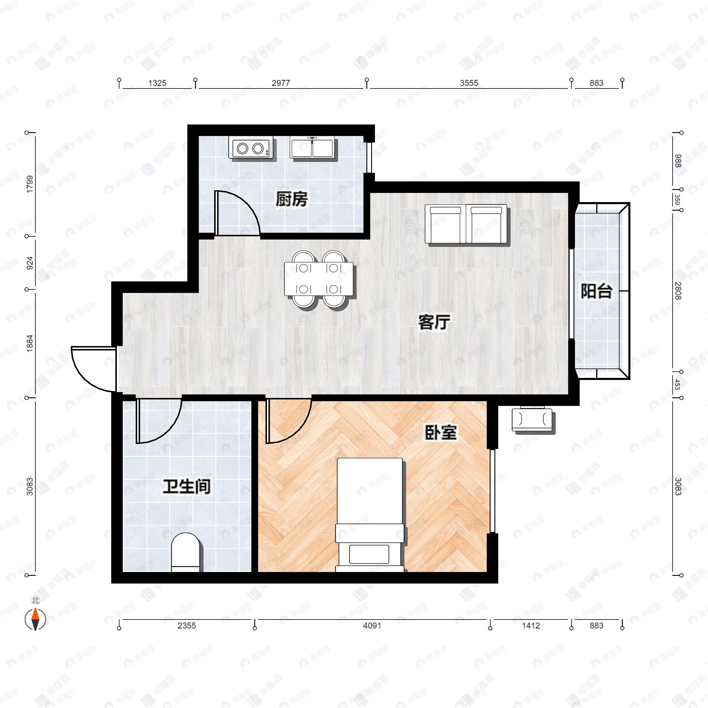 1室2厅1卫建面58m²东户型图