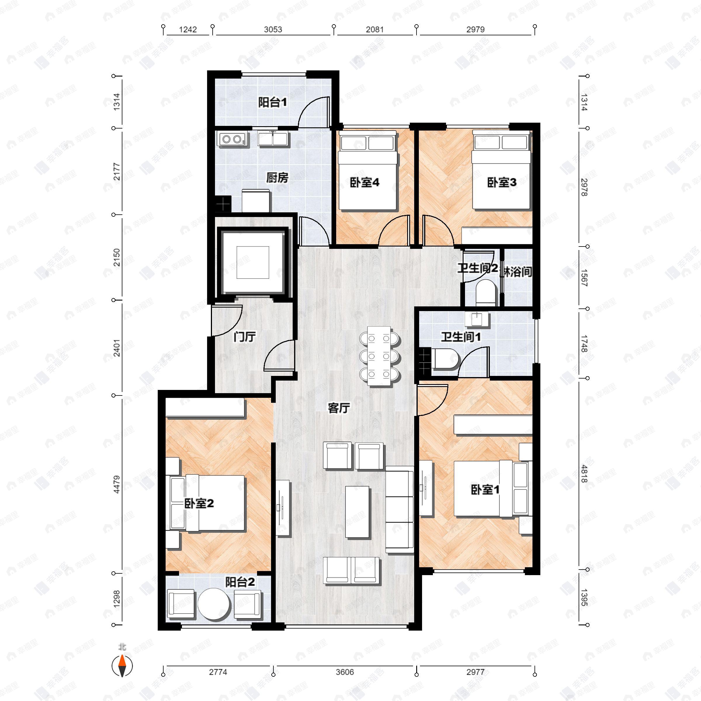 4室2厅2卫建面125平南|北户型图