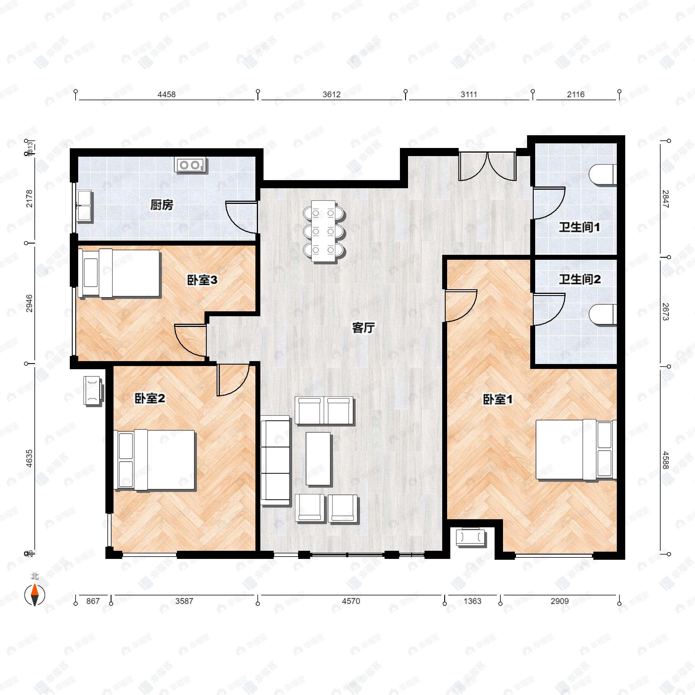 3室2厅2卫建面140平户型图