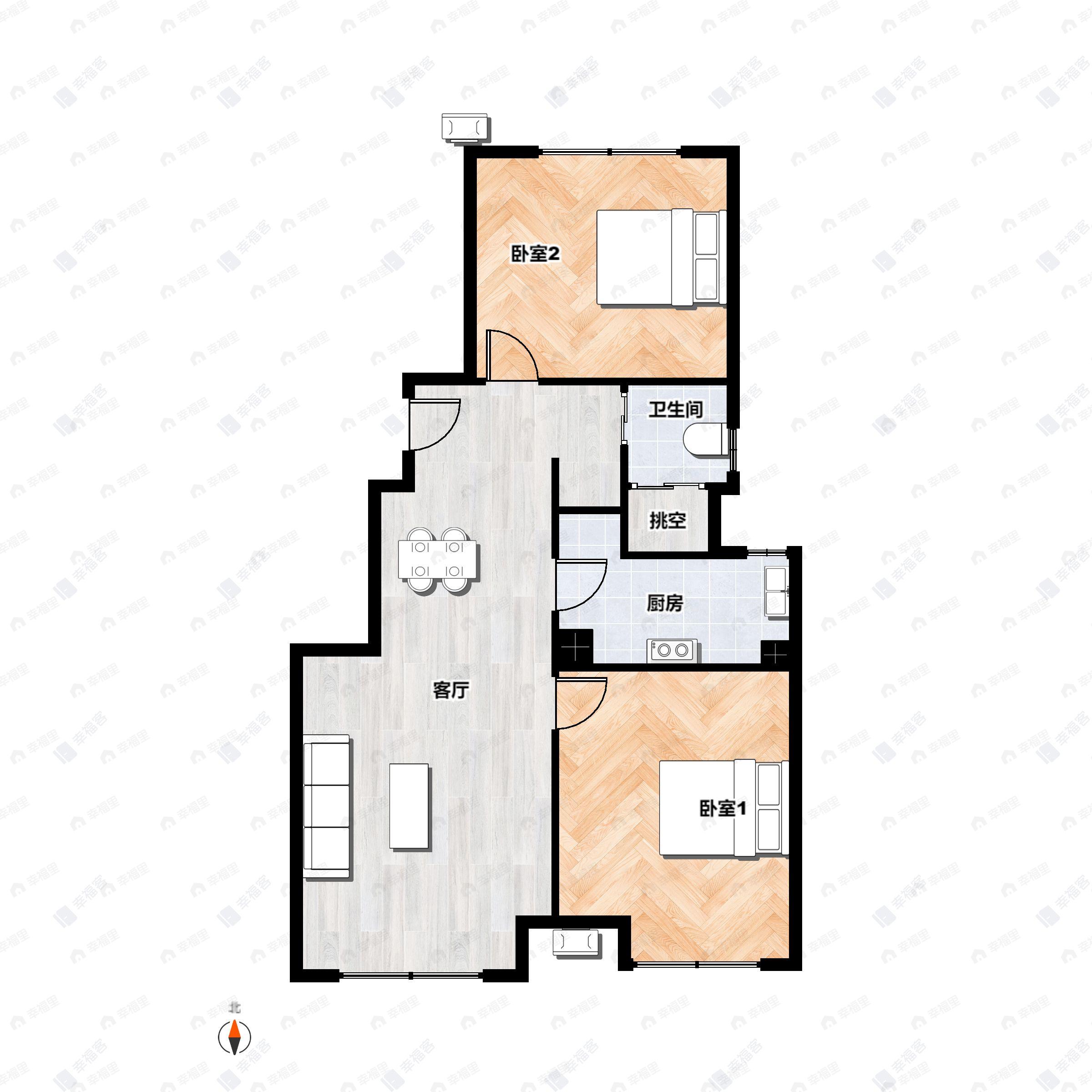 2室2厅1卫建面81平北|南户型图