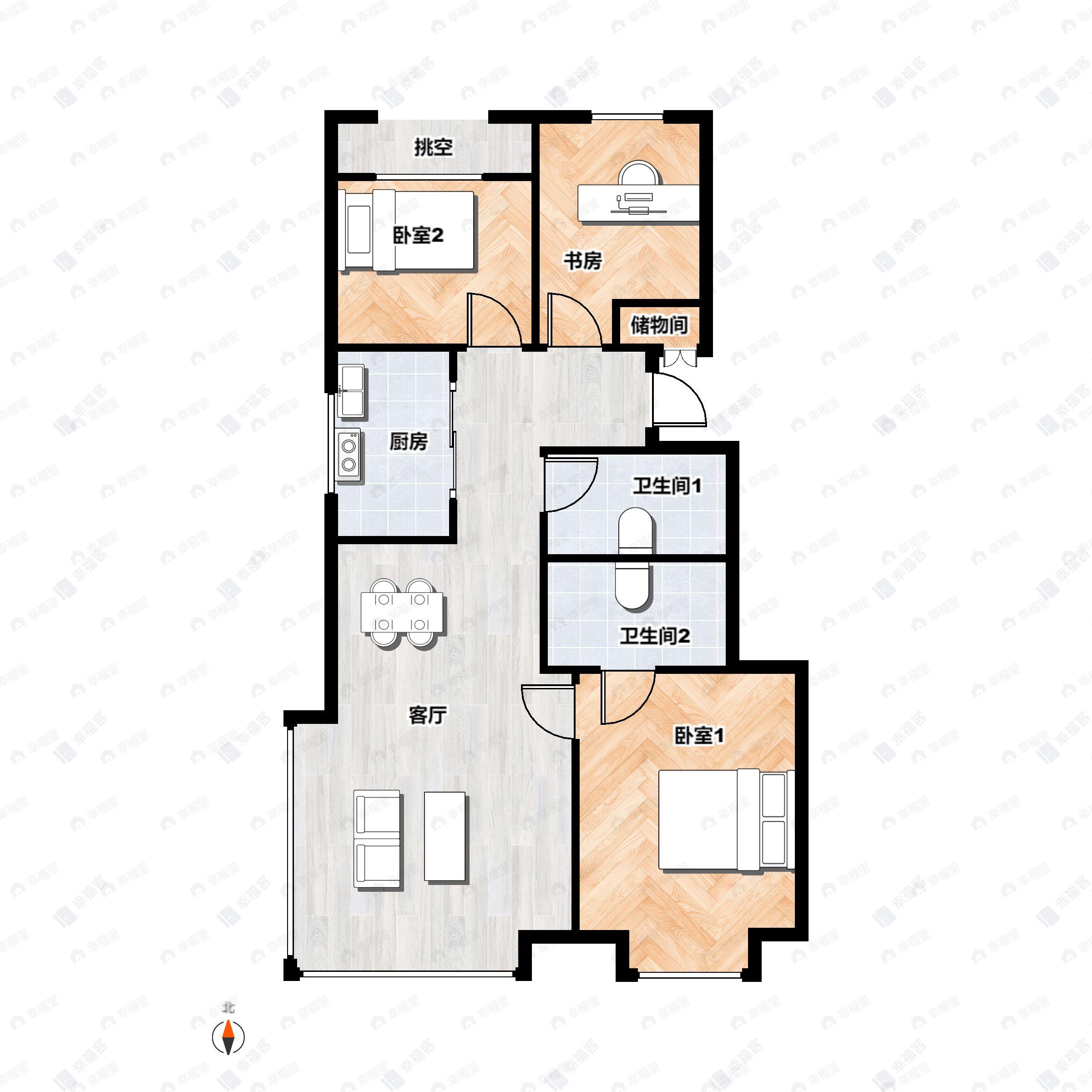 3室2厅2卫建面86平南|北户型图
