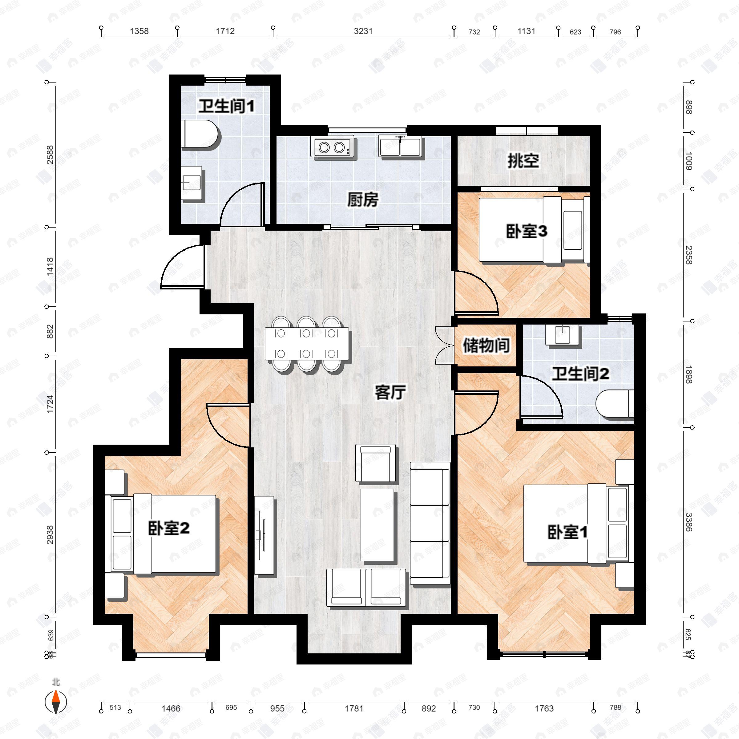 3室2厅2卫建面89平北|南户型图