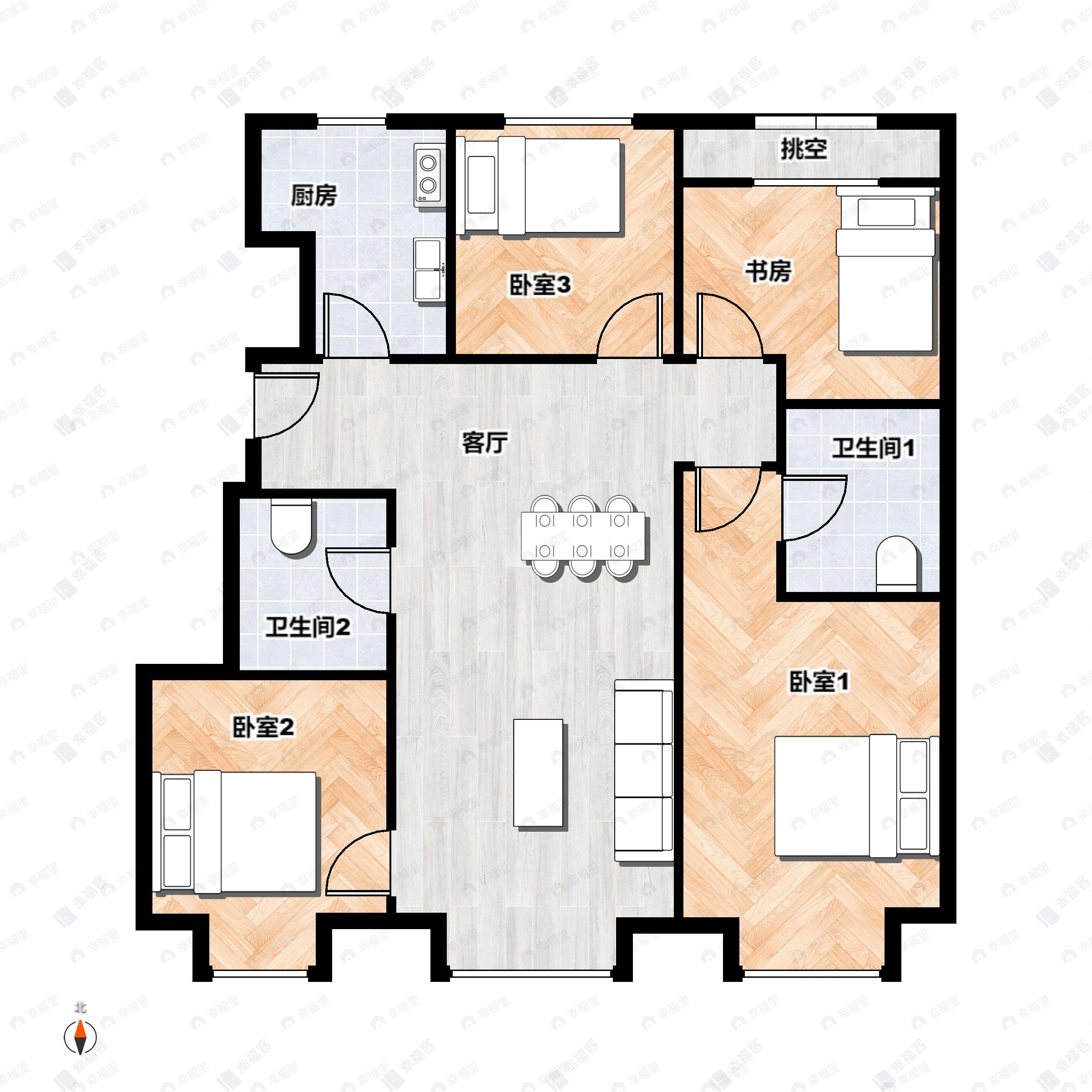 4室2厅2卫建面107平北|南户型图