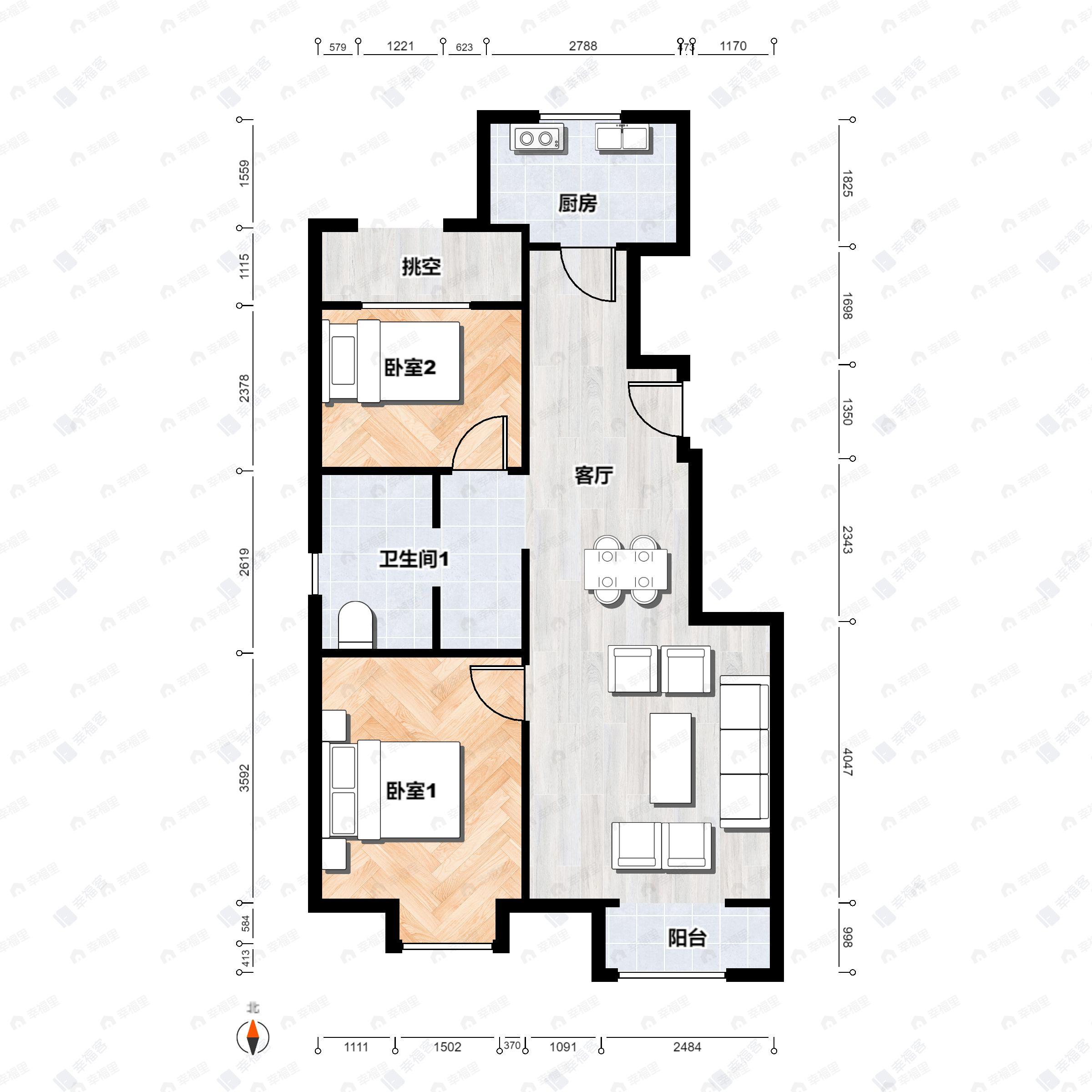 2室2厅1卫建面76m²西|东户型图