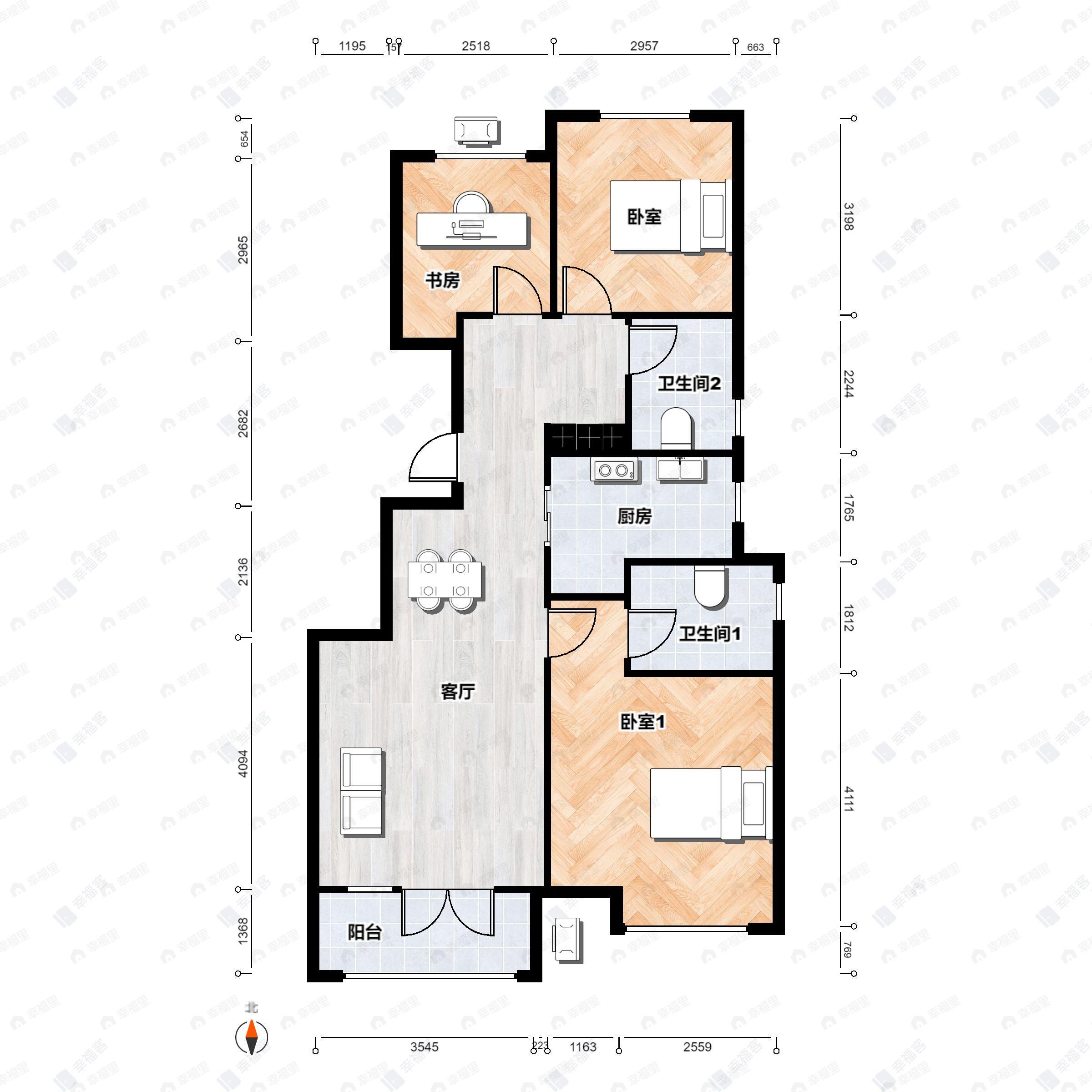 3室2厅2卫建面89平北|南户型图