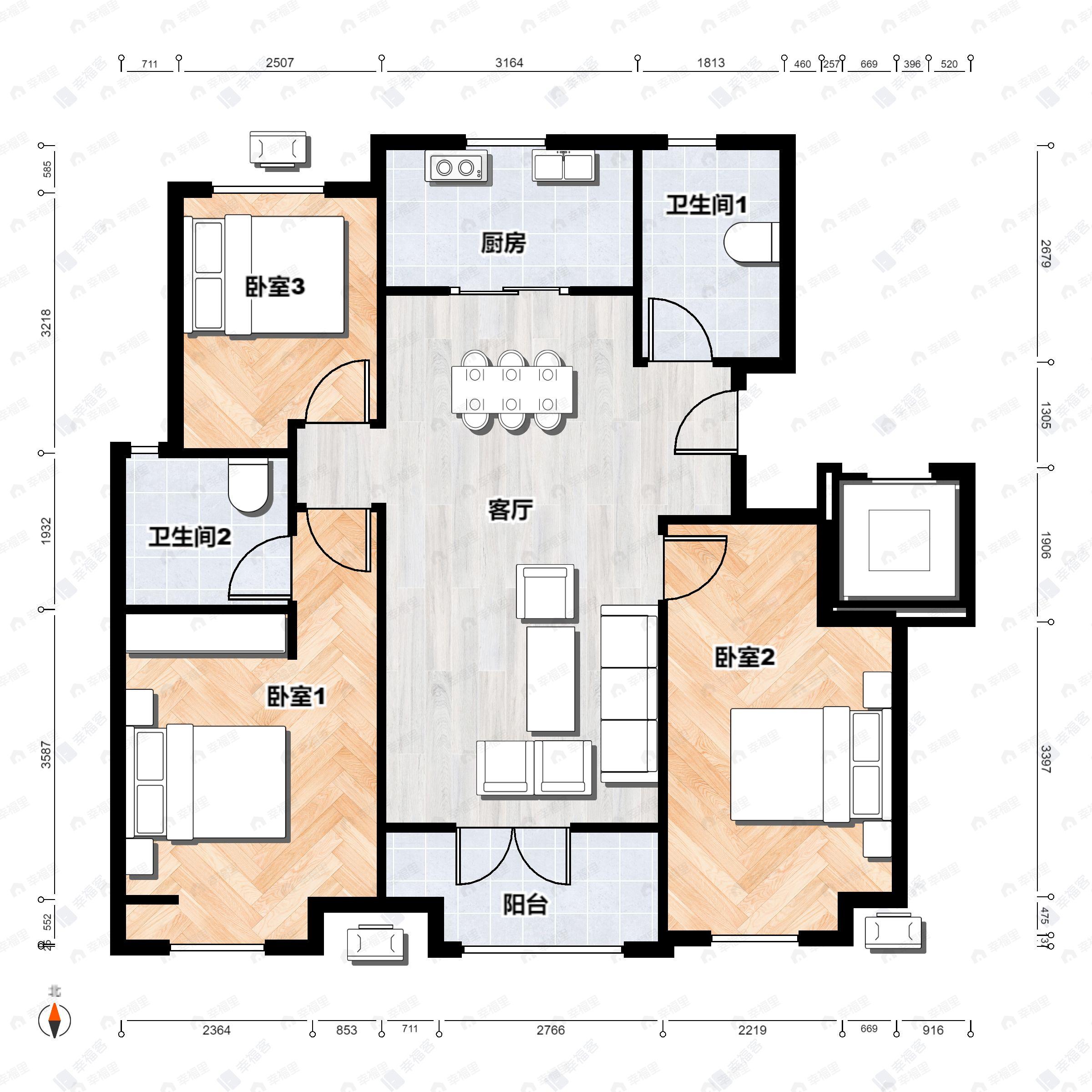 3室2厅2卫建面95平北|南户型图