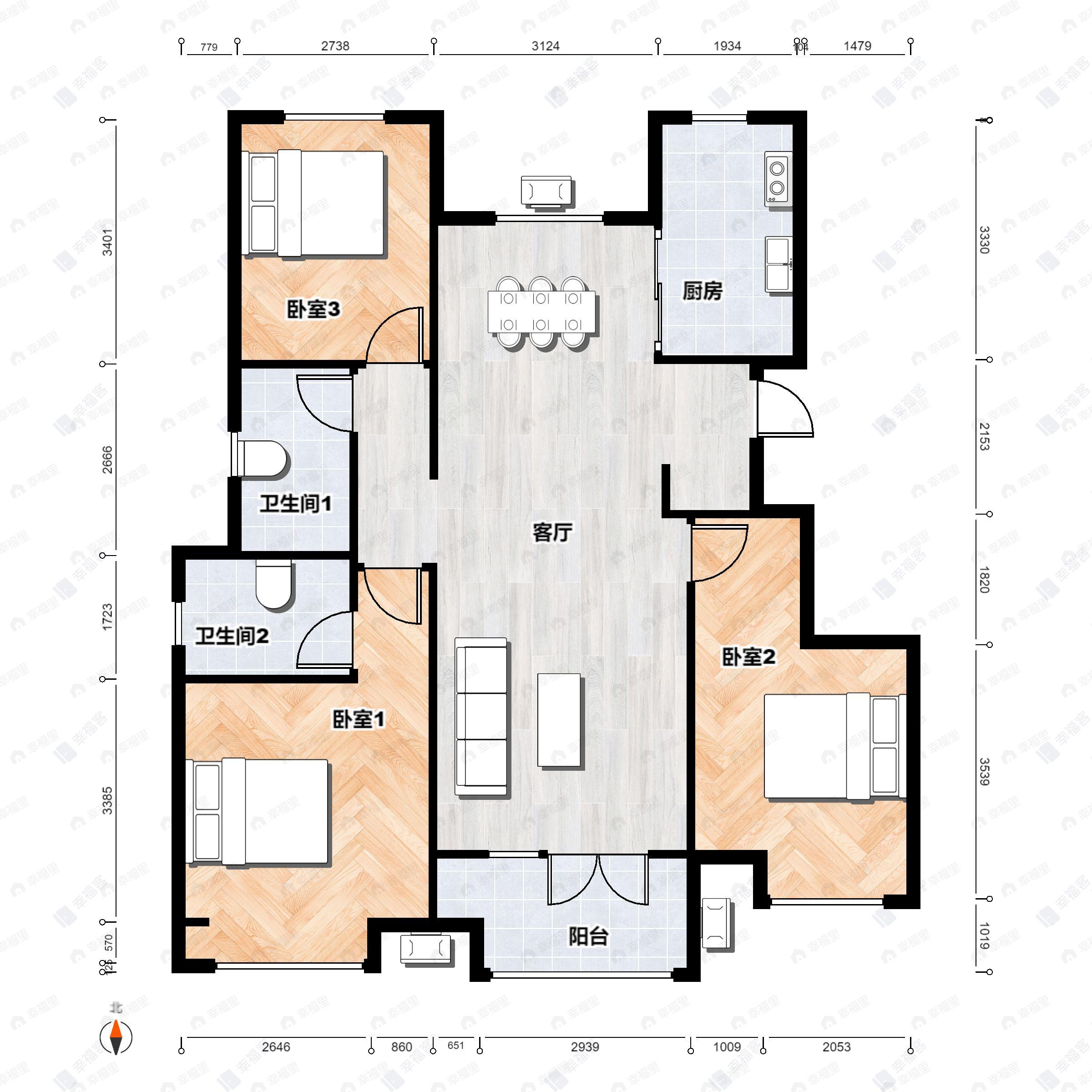 3室2厅2卫建面112平北|南户型图