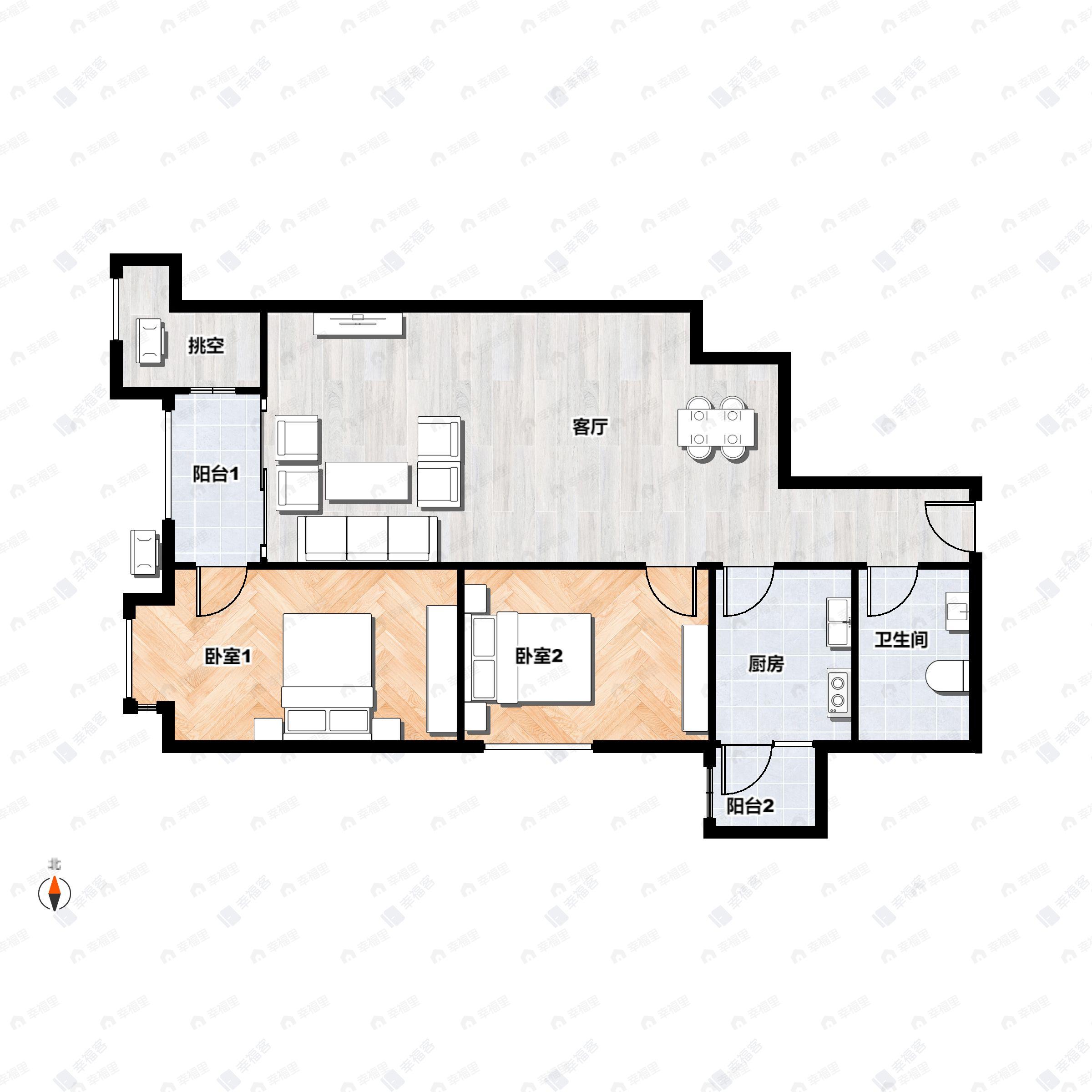 2室2厅1卫建面94平西南户型图
