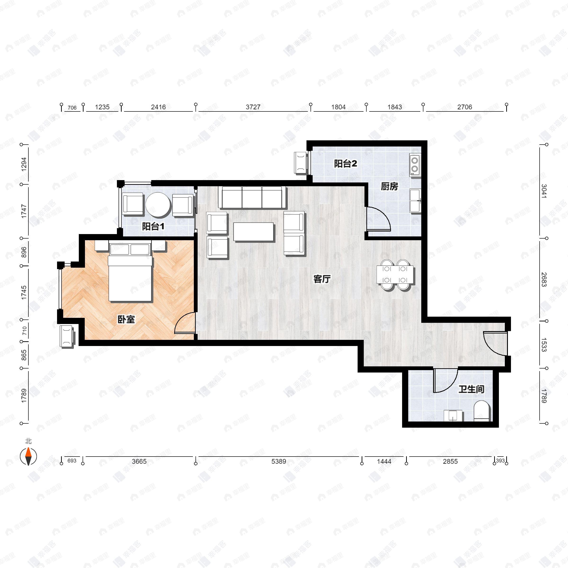 1室2厅1卫建面79m²西户型图