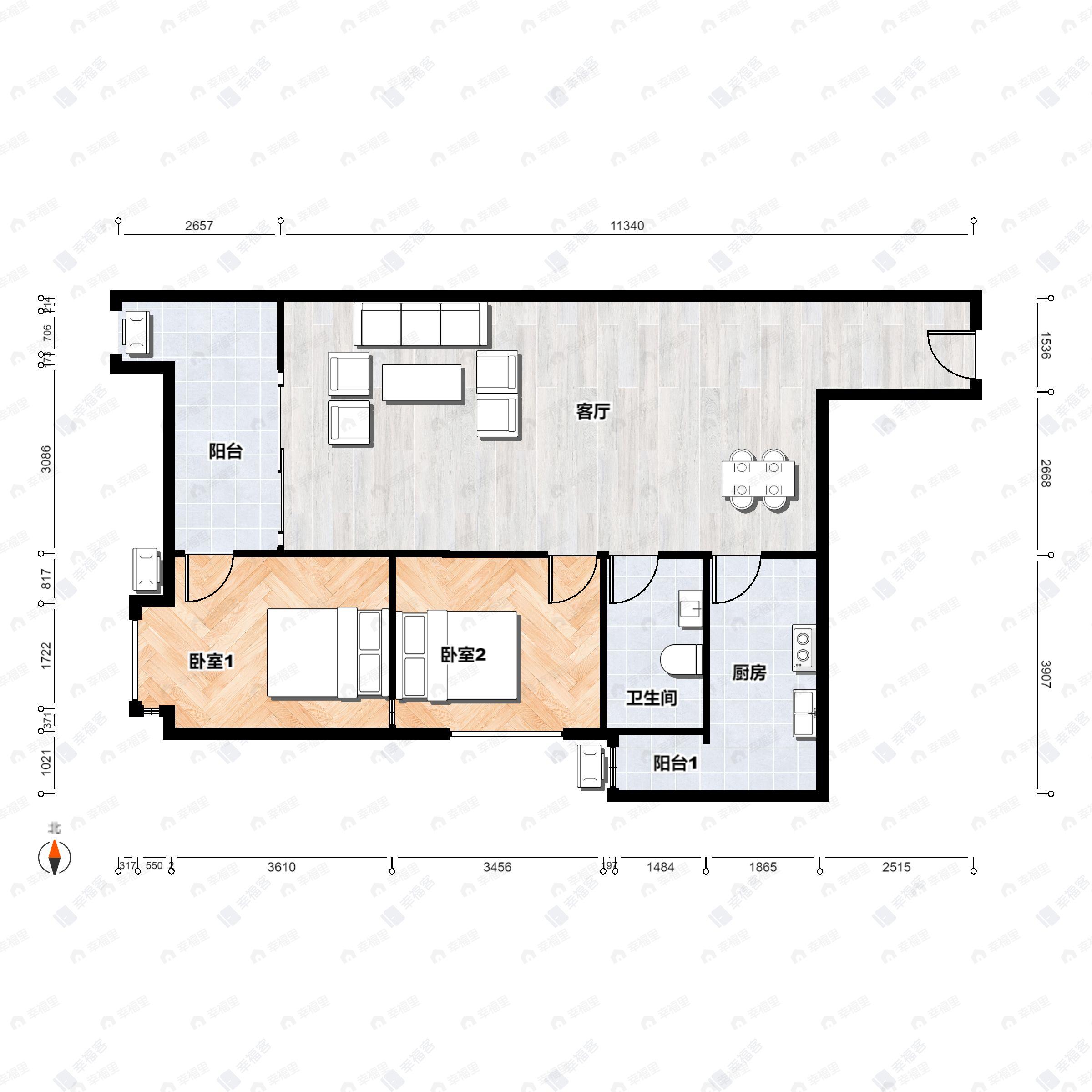 2室2厅1卫建面94平西南户型图