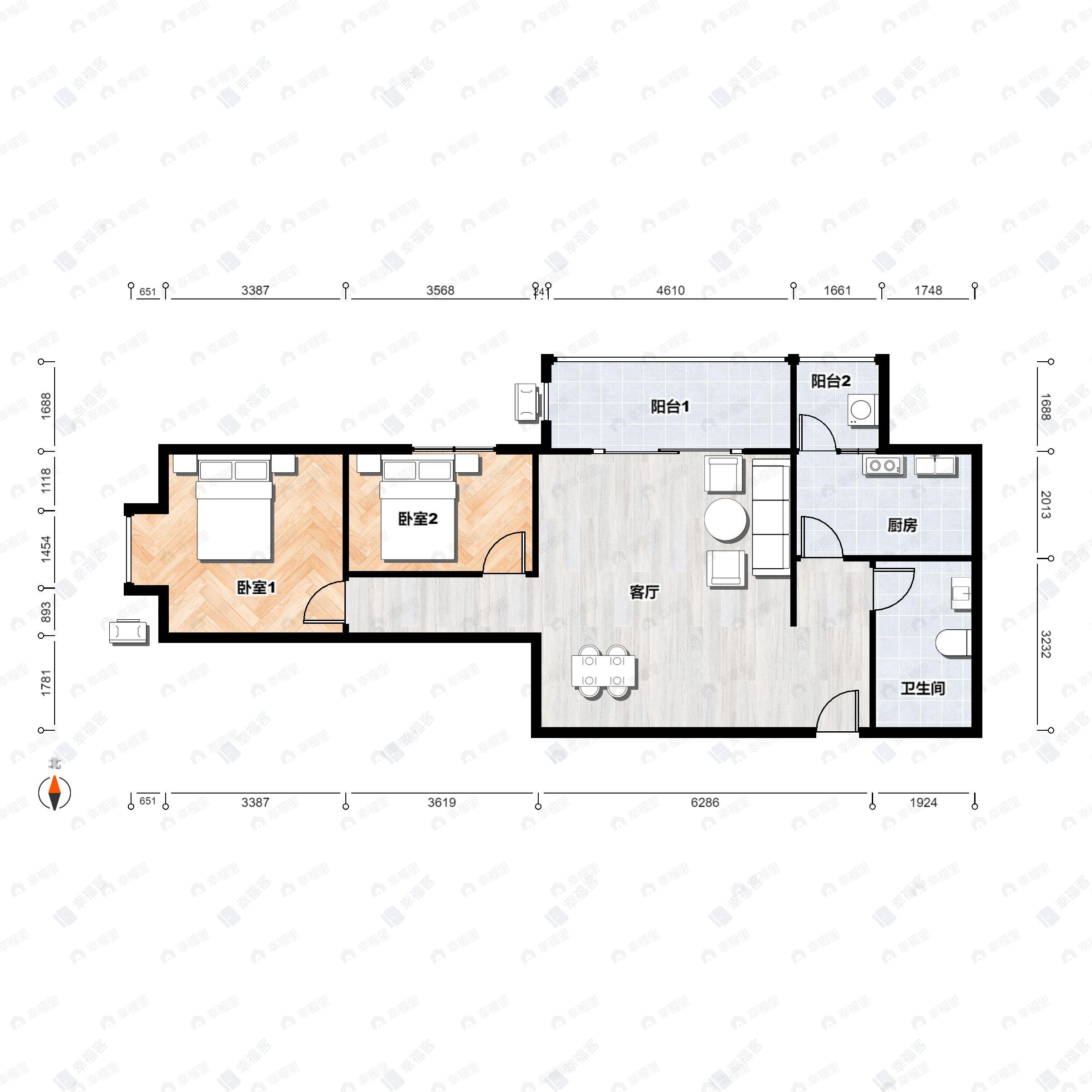 北京书院2室2厅1卫户型图