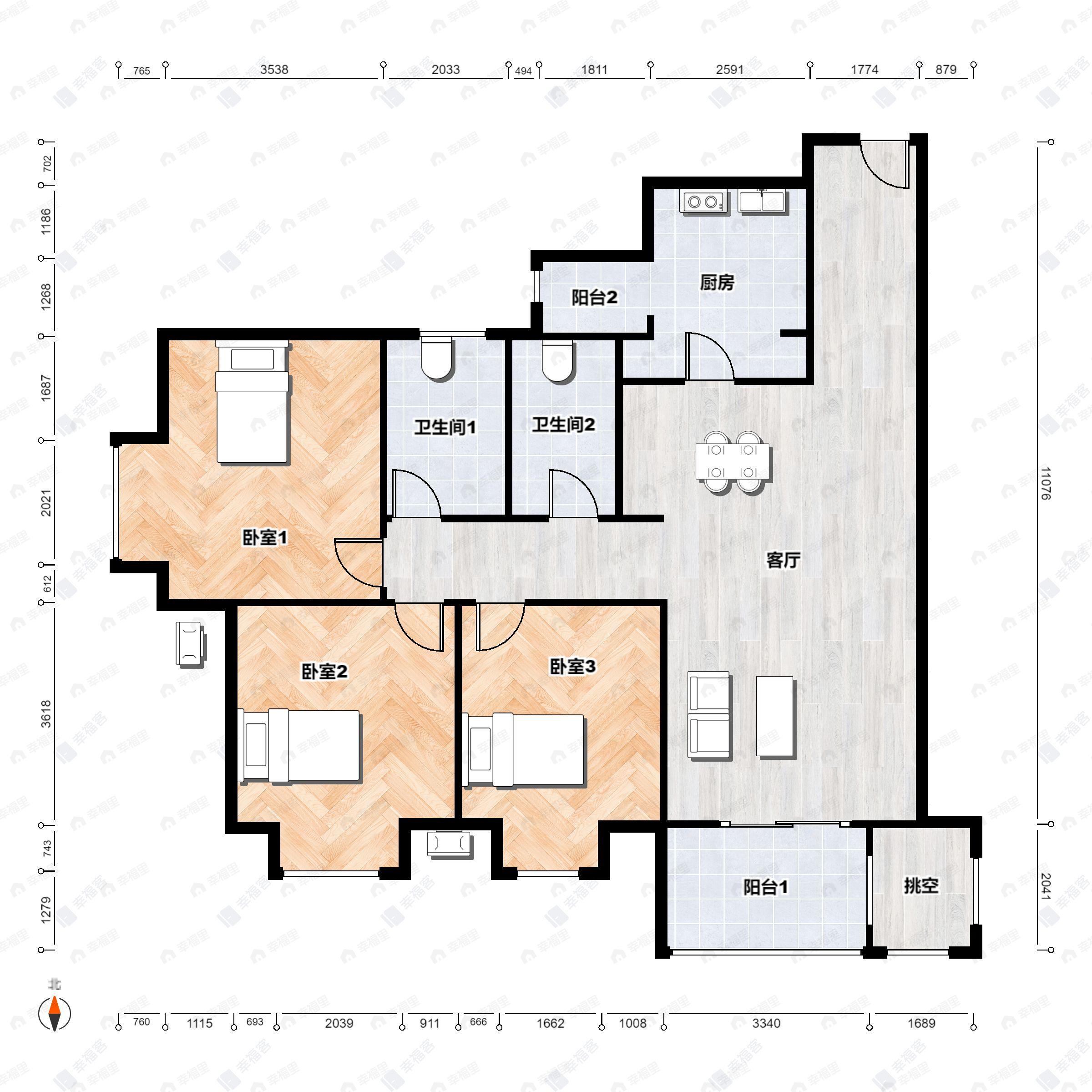 3室2厅2卫建面139平户型图