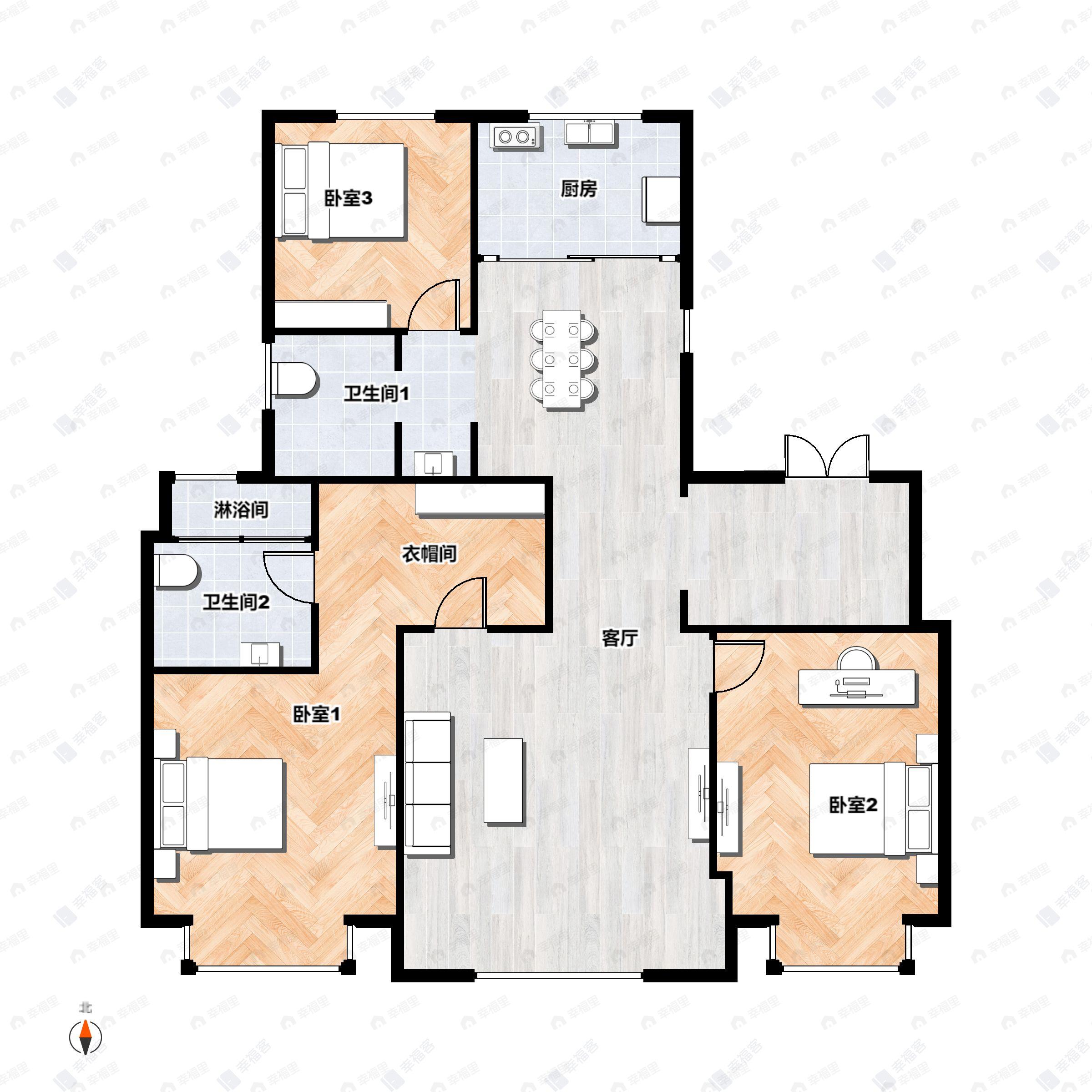 3室2厅2卫建面150m²北|南户型图