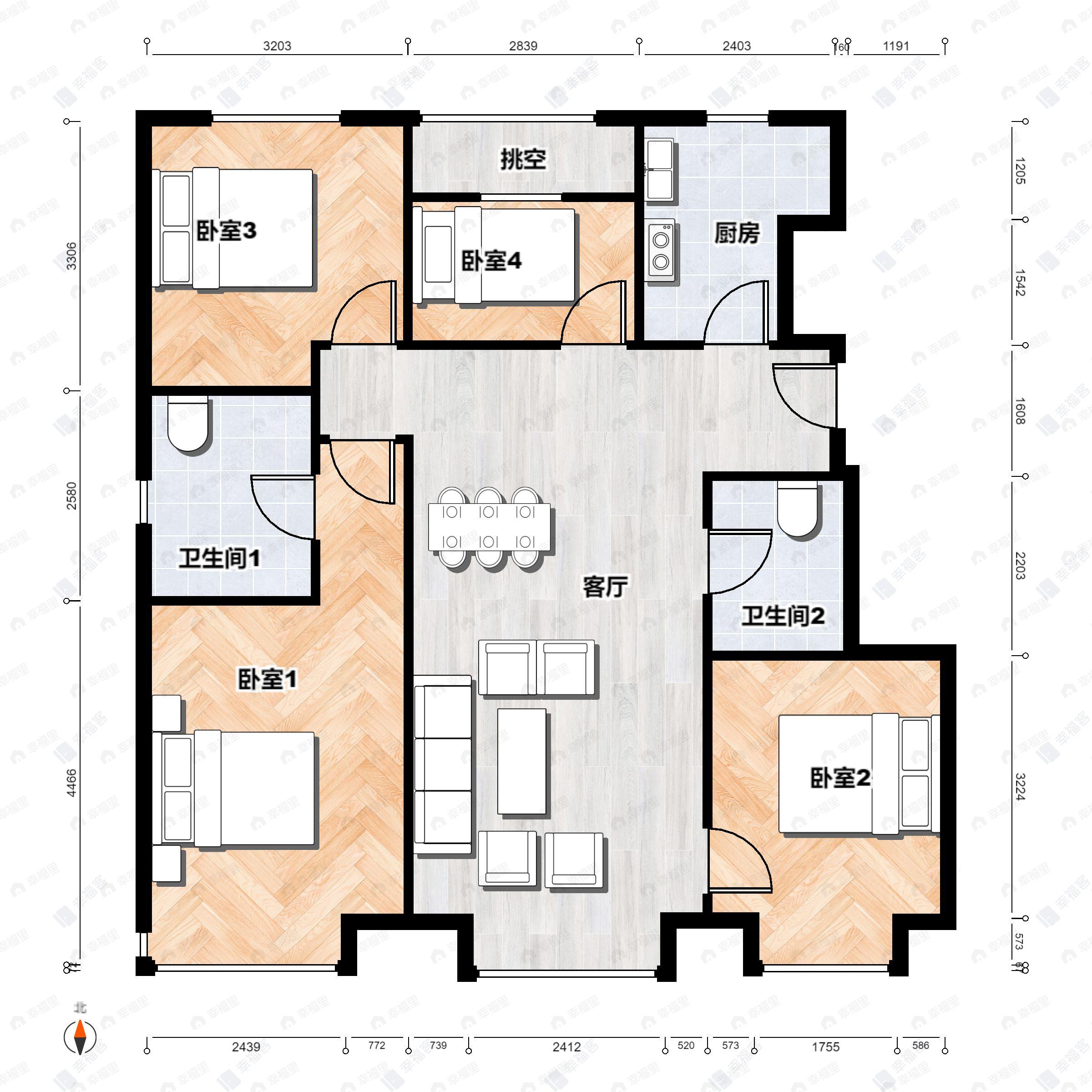4室2厅2卫建面108平户型图