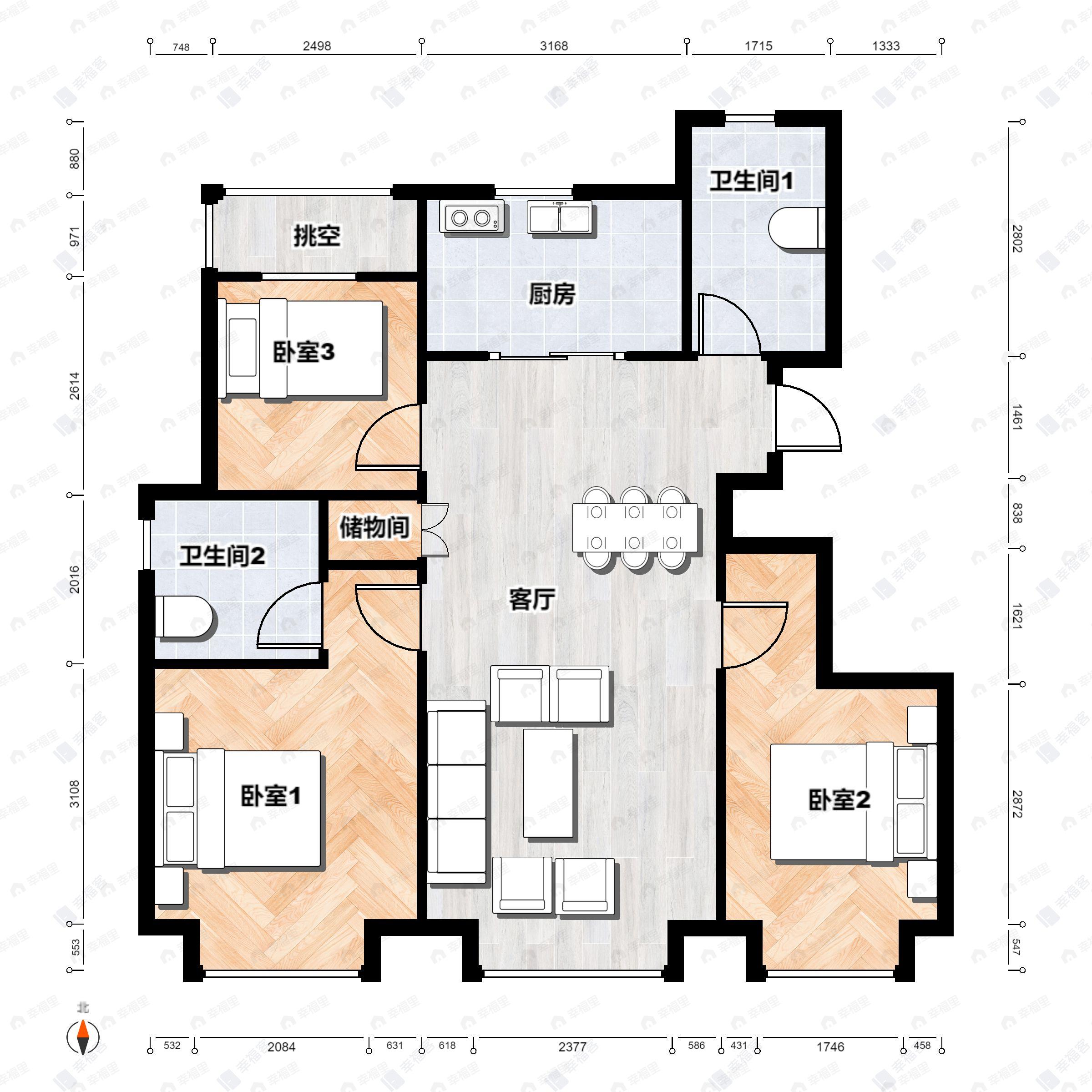 3室2厅2卫建面89平南|北户型图