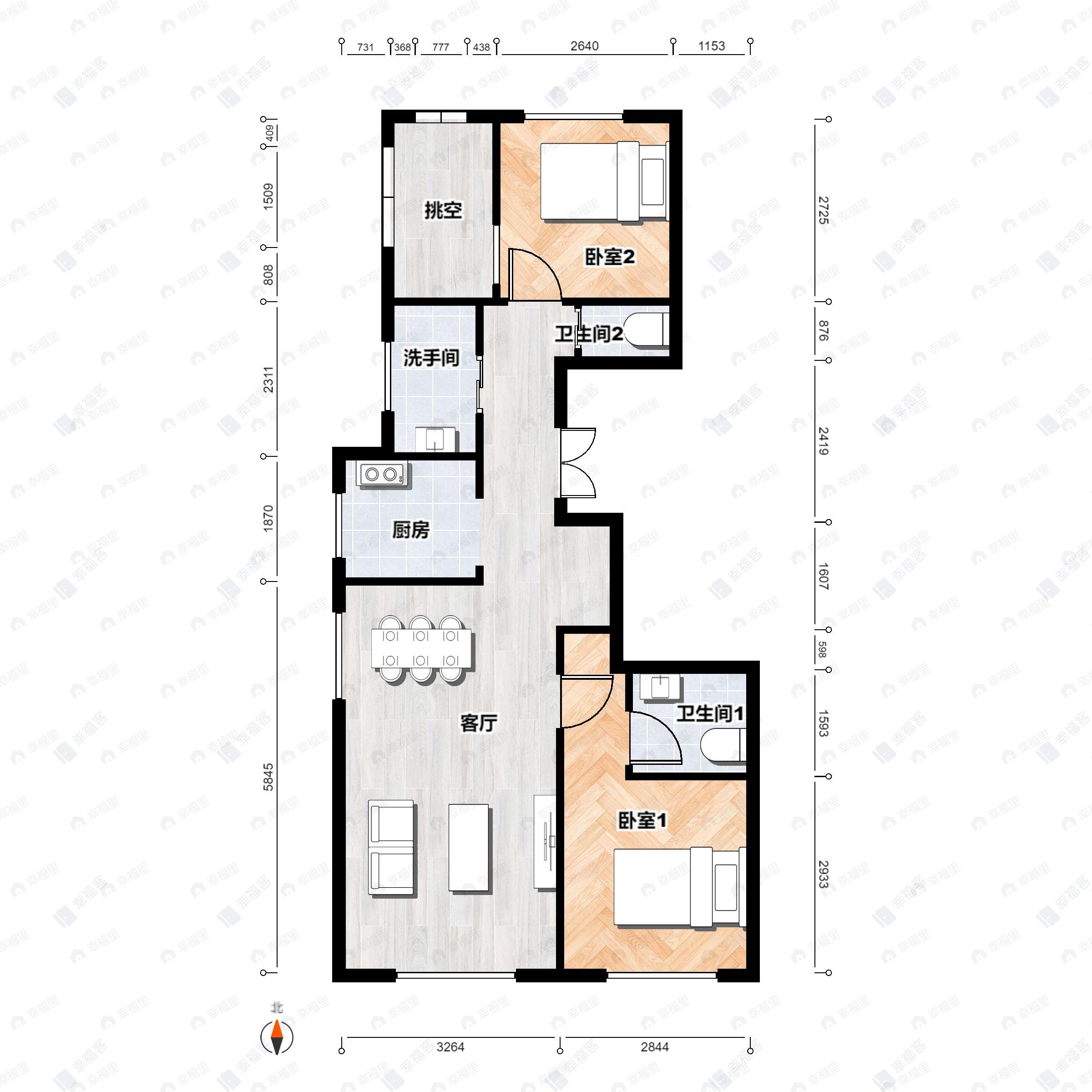 2室2厅2卫建面104m²北|南户型图