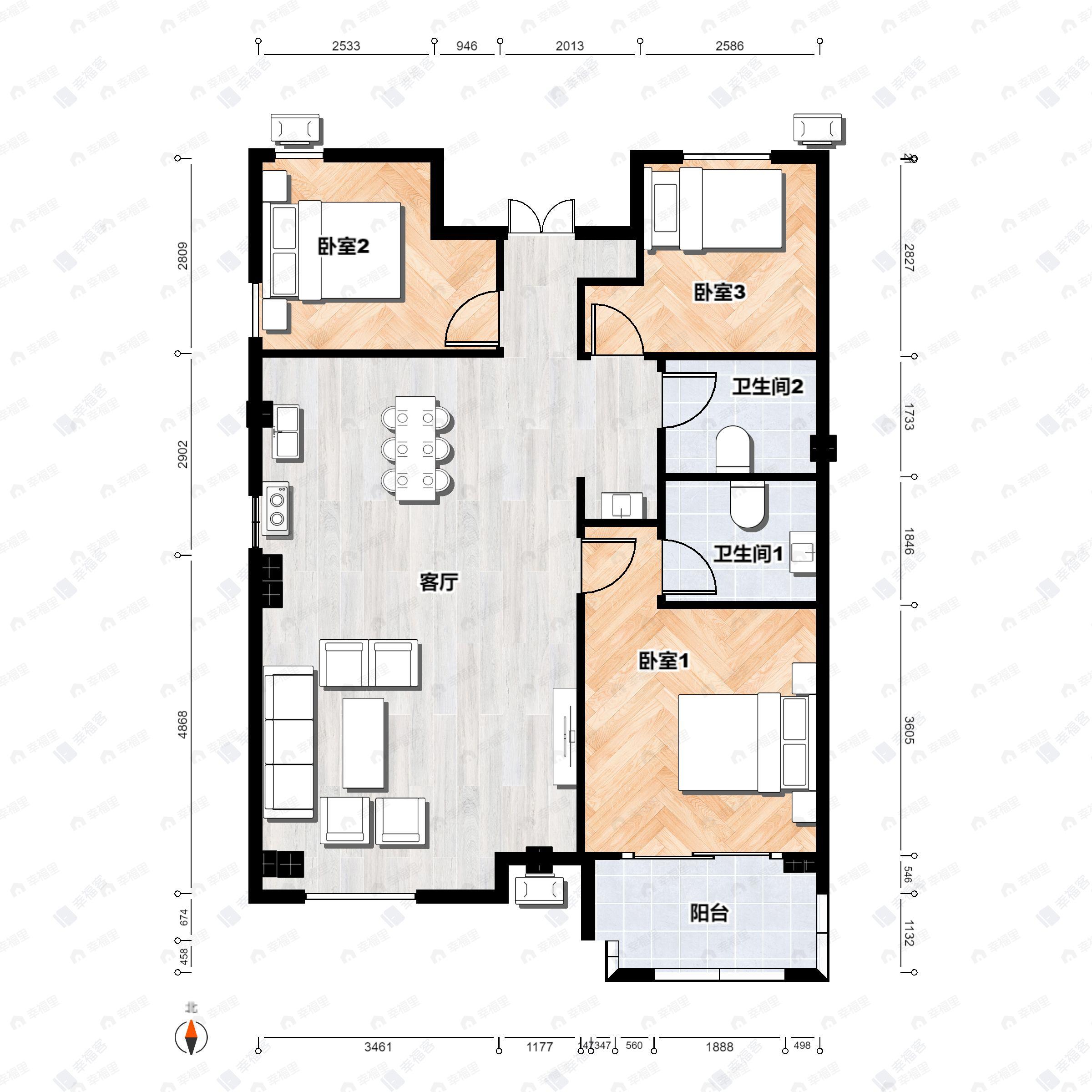 3室2厅2卫建面120平东|南|北户型图