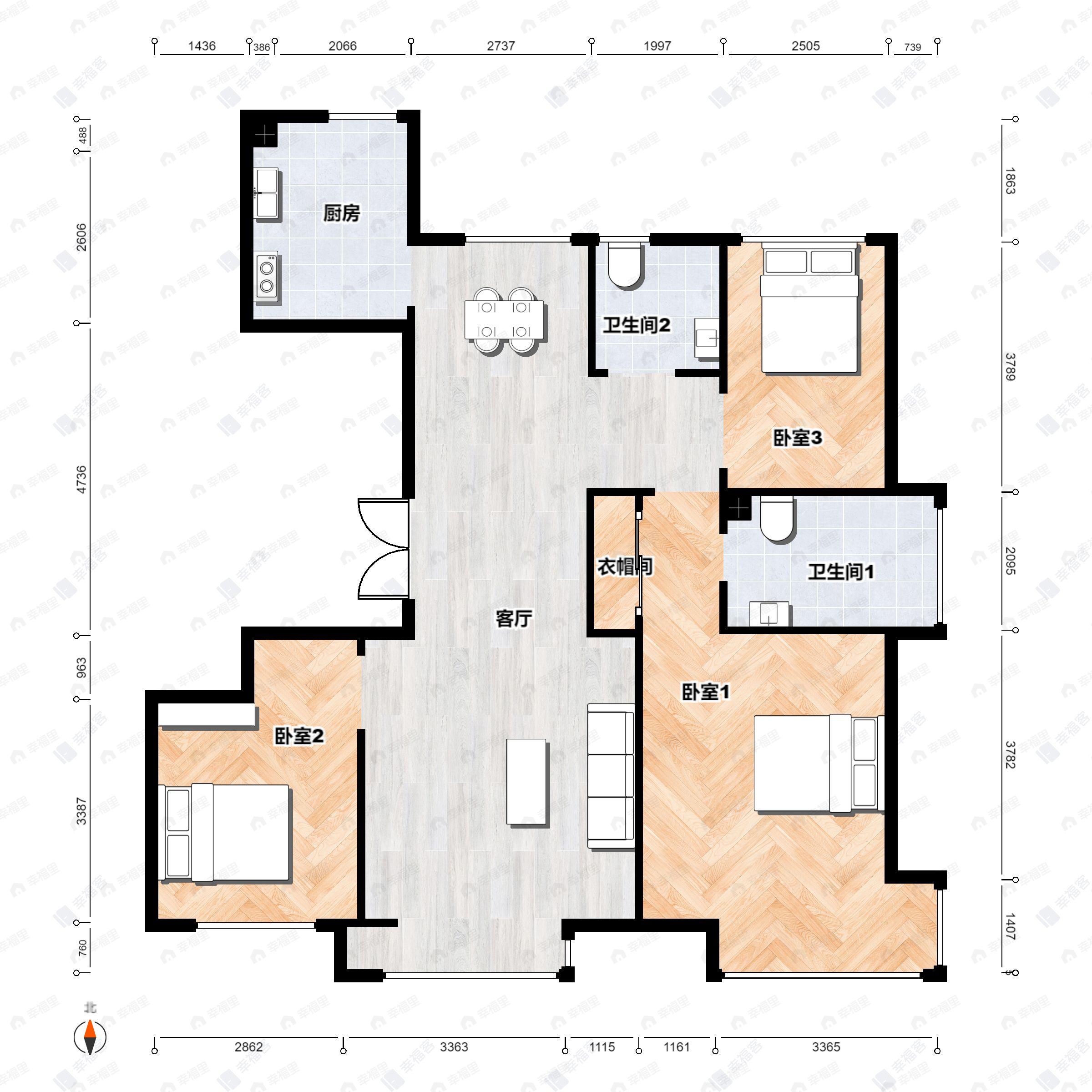 3室2厅2卫建面118平户型图