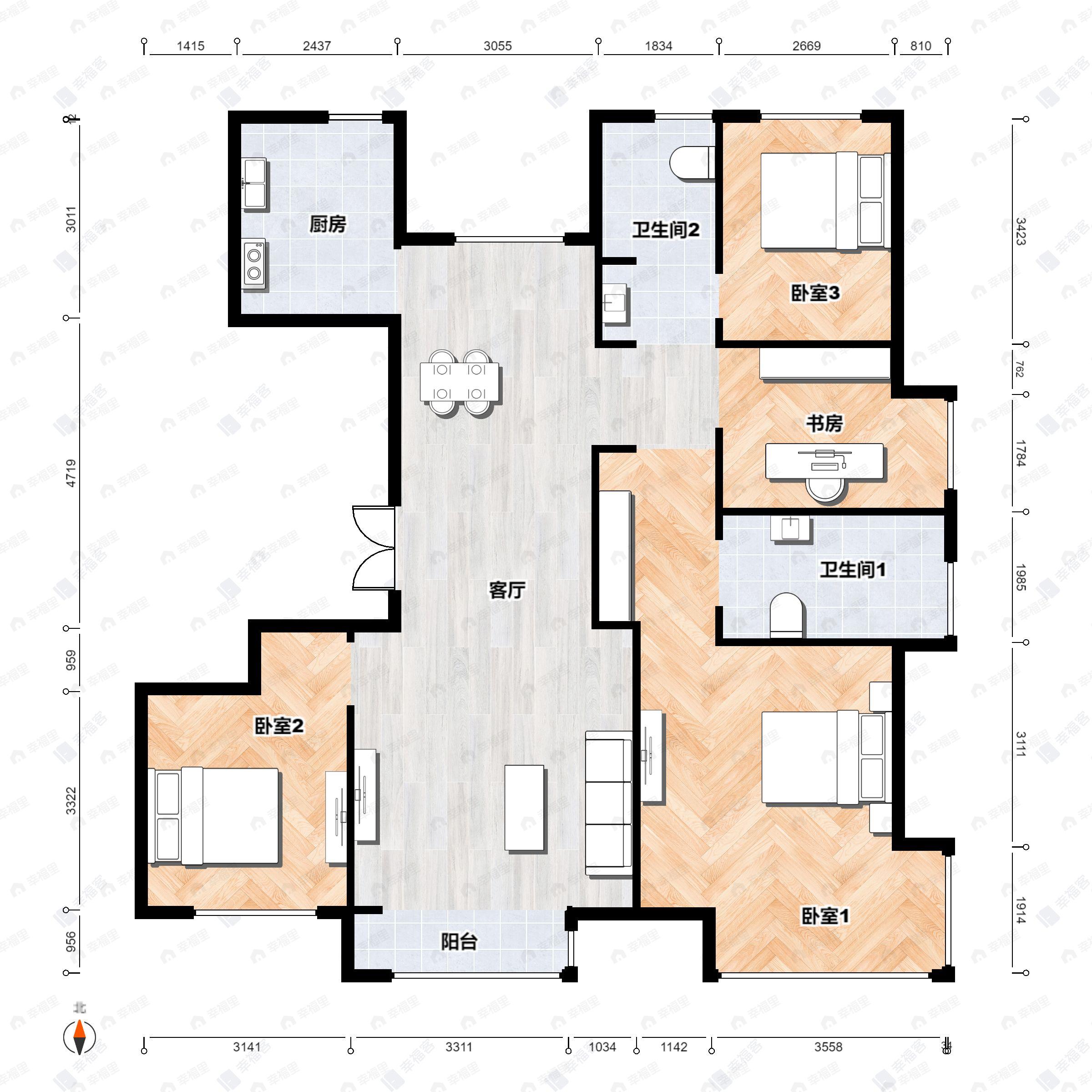 4室2厅2卫建面134平南|北户型图