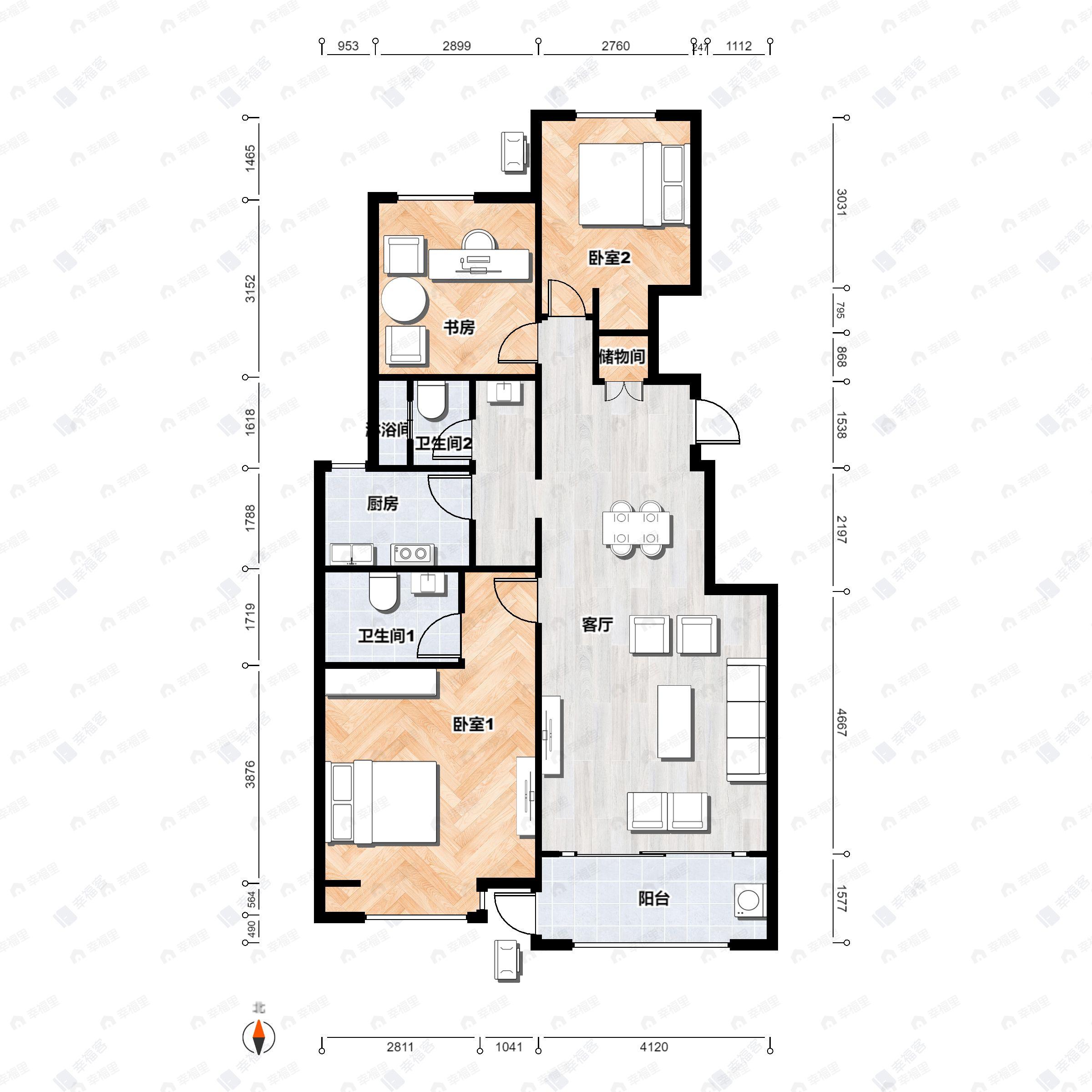 3室2厅2卫建面110m²南户型图