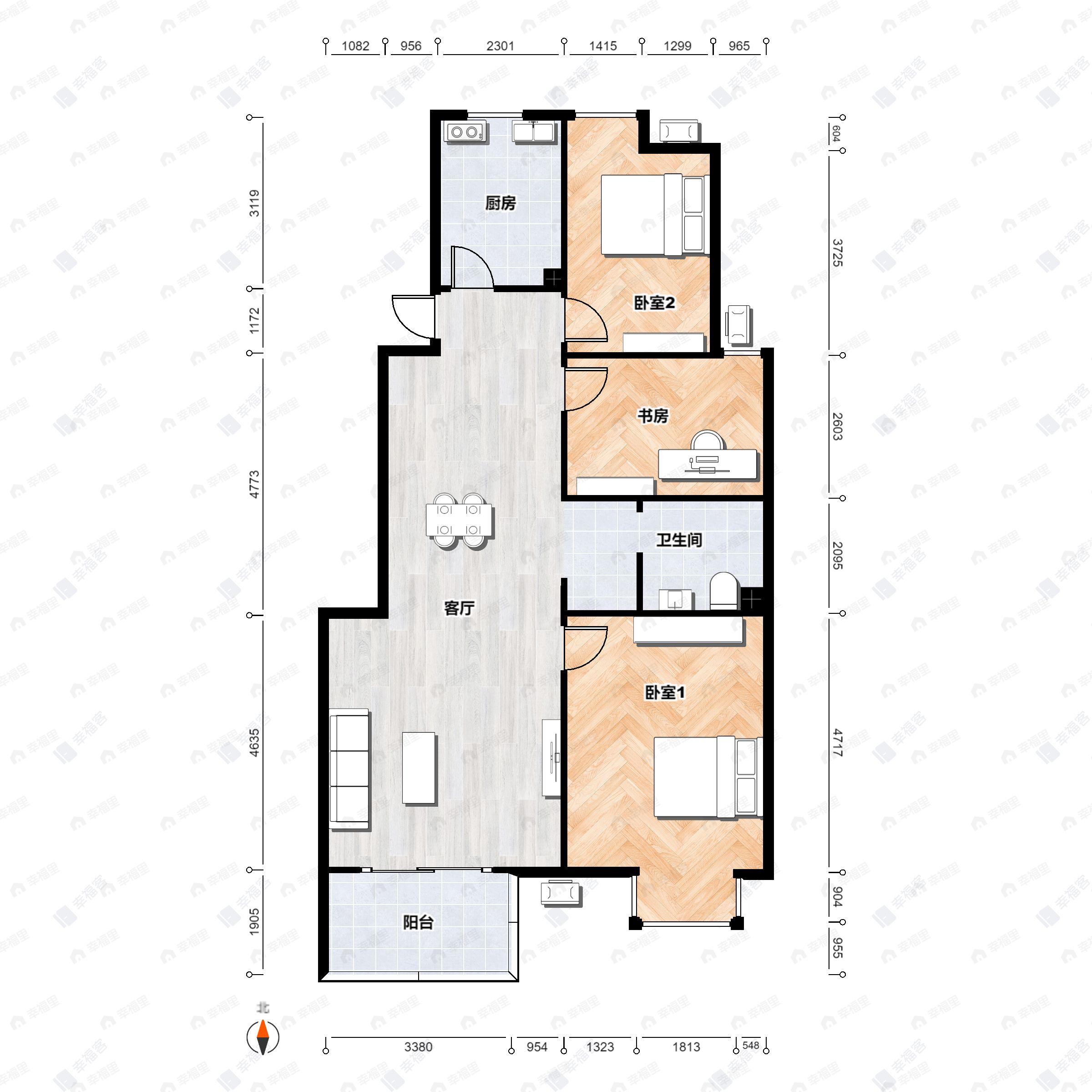 3室1厅2卫建面110m²南|北户型图