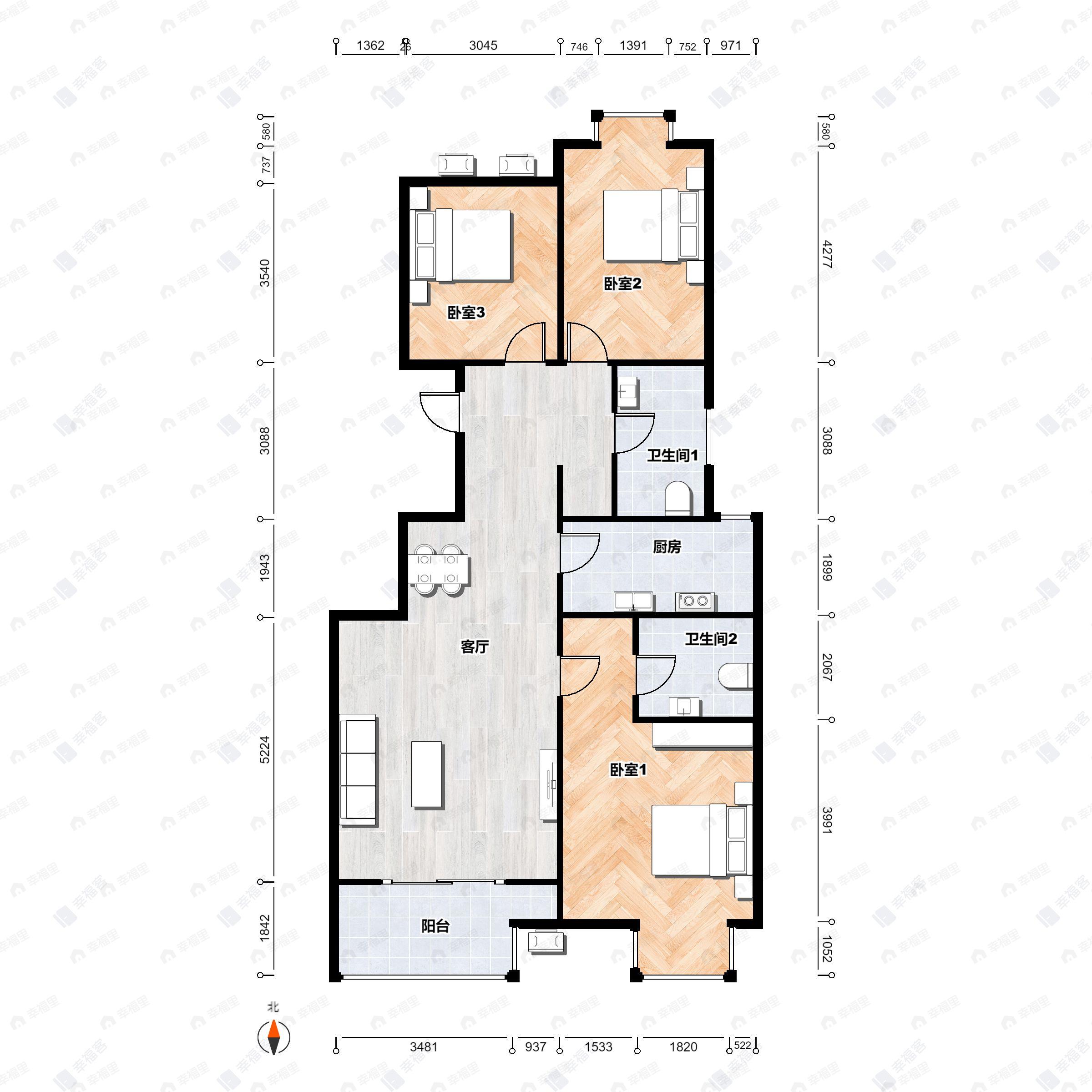 3室2厅2卫建面122m²南|北户型图