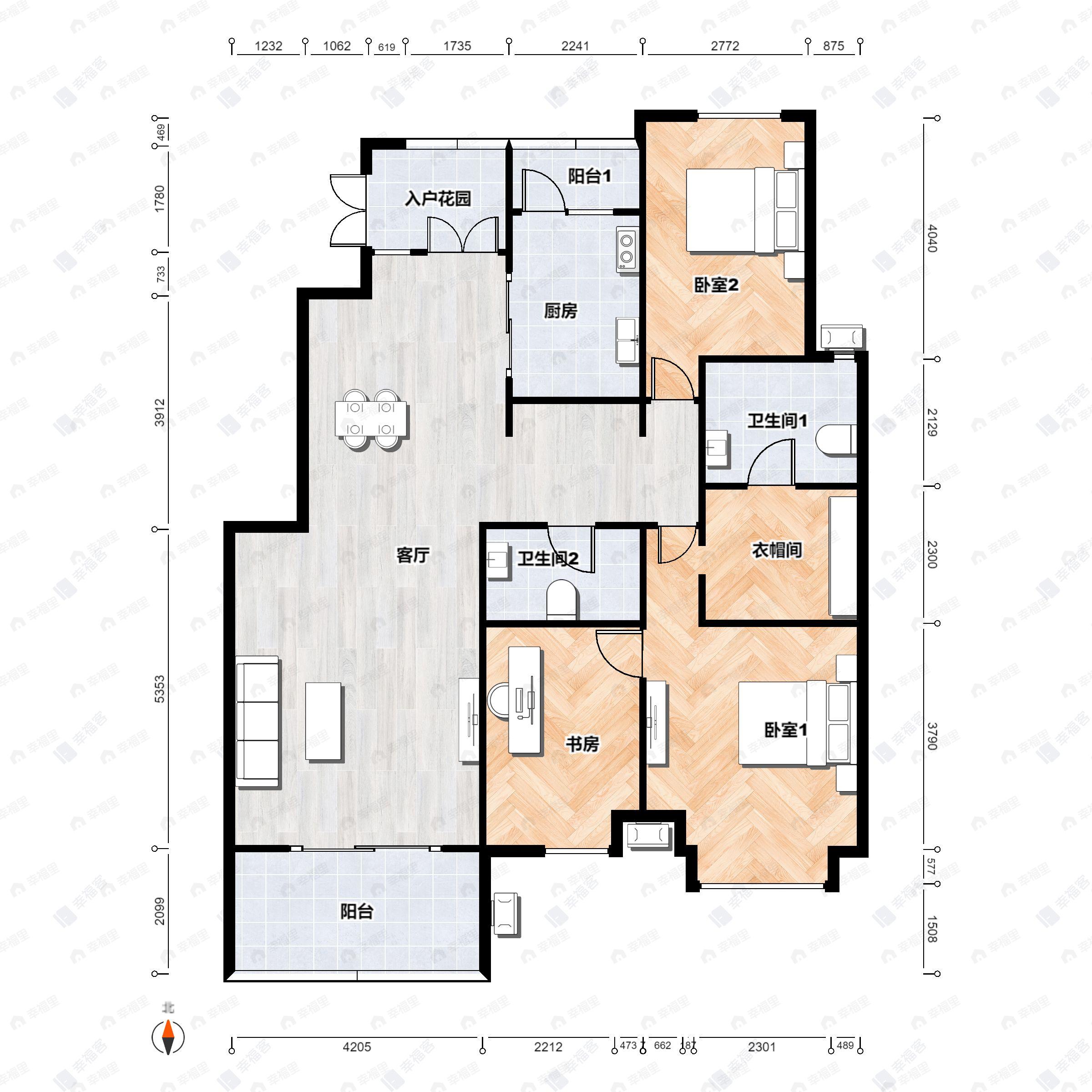 3室2厅2卫建面145m²南户型图