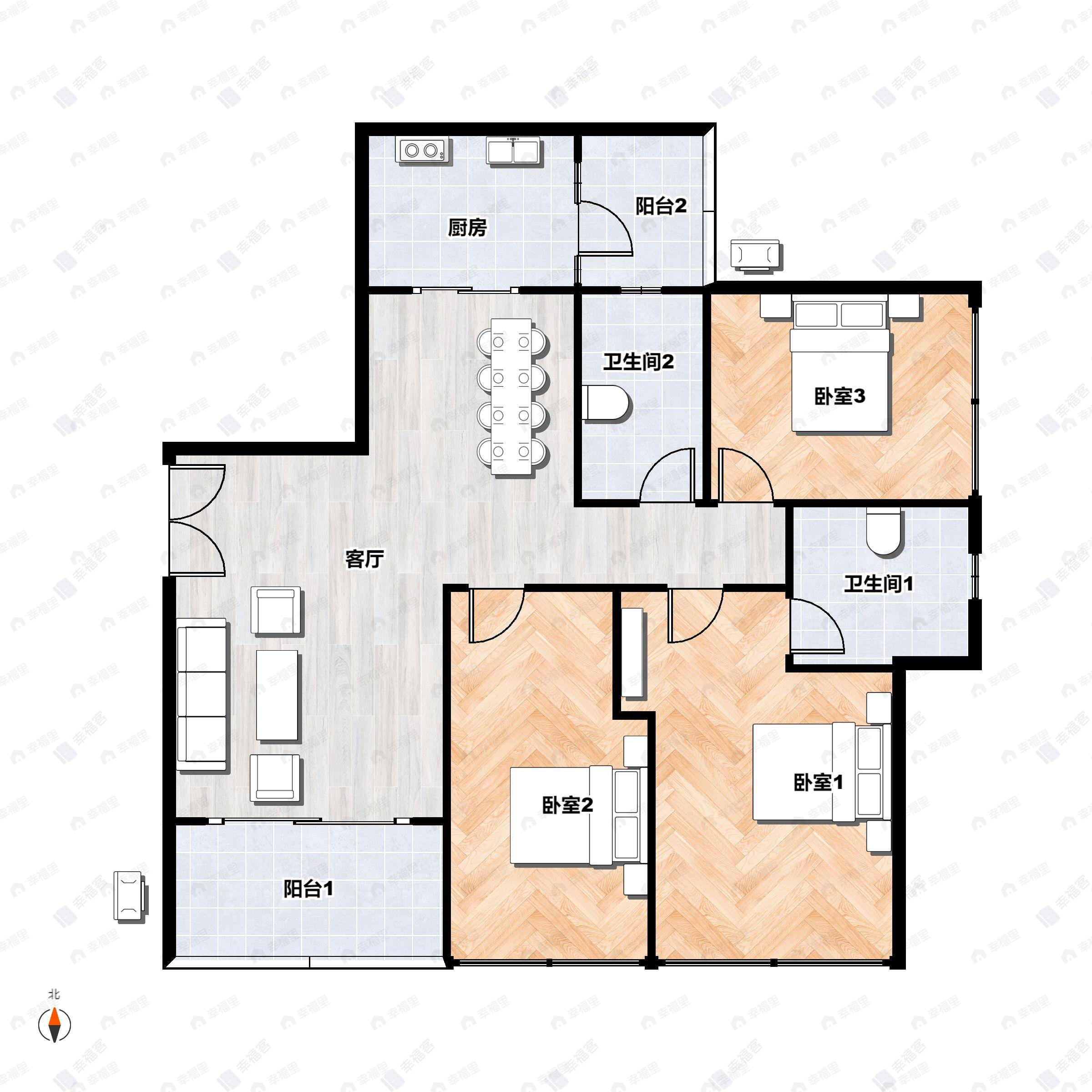 3室2厅2卫建面127平南户型图