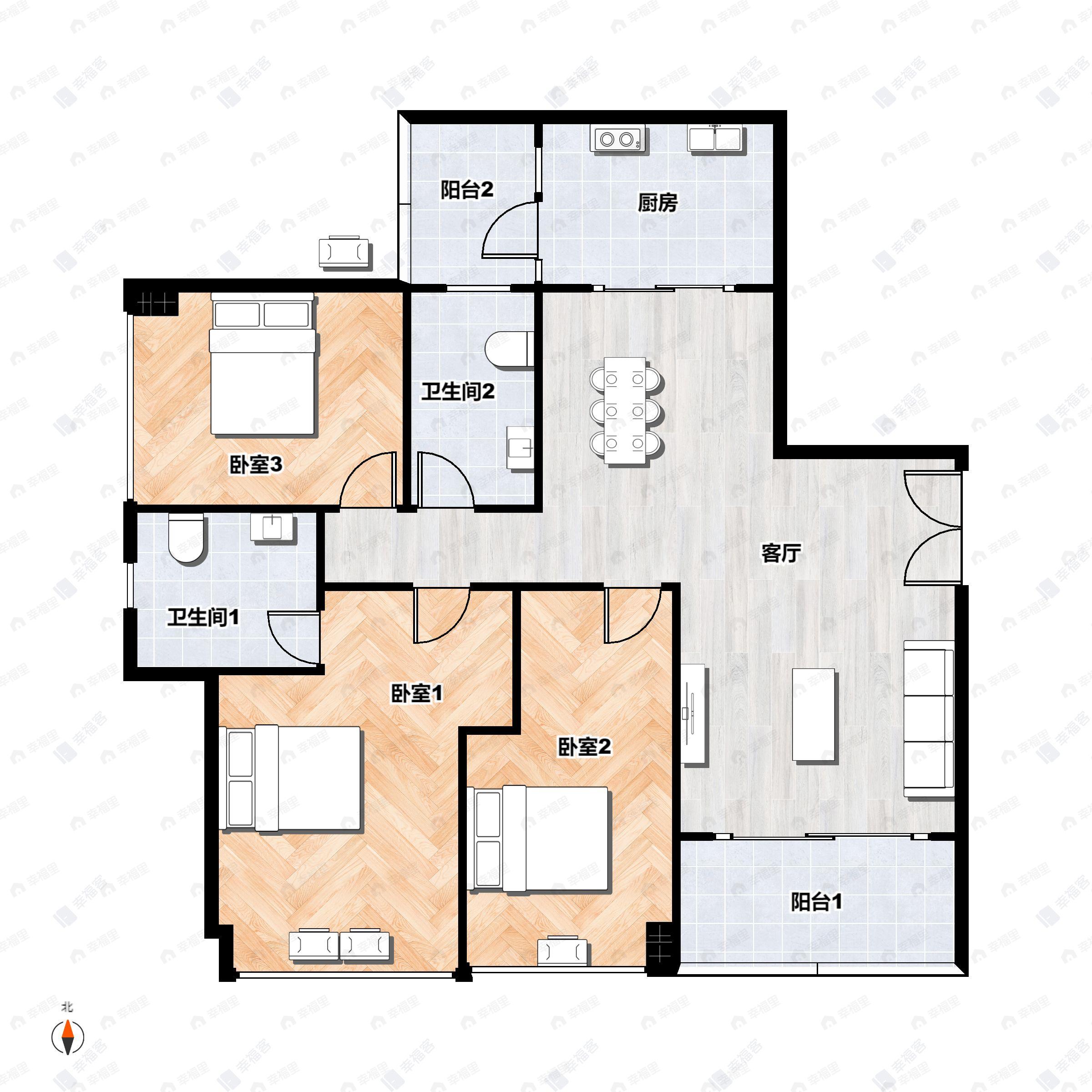 3室2厅2卫建面129平南户型图