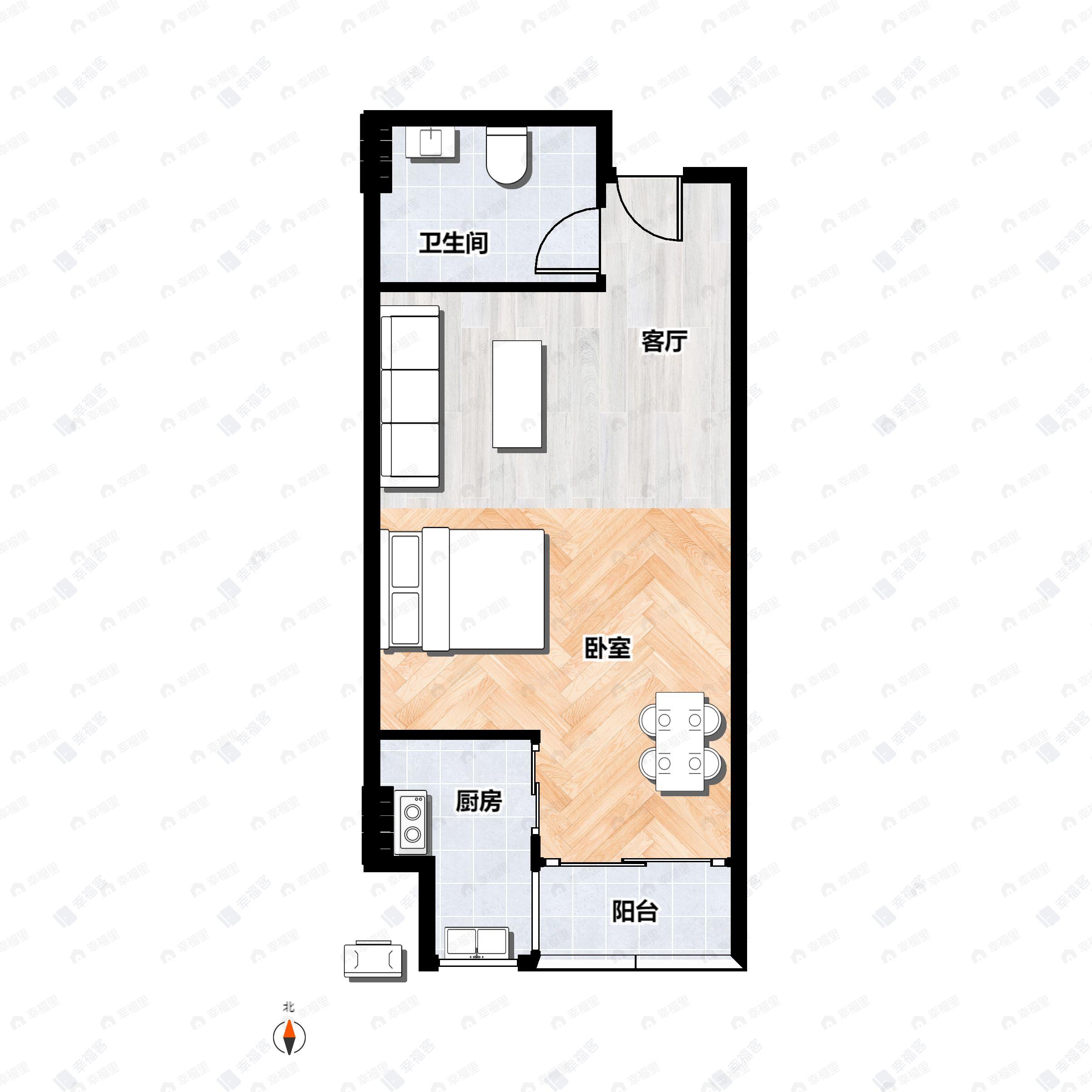 1室2厅1卫建面52m²南户型图