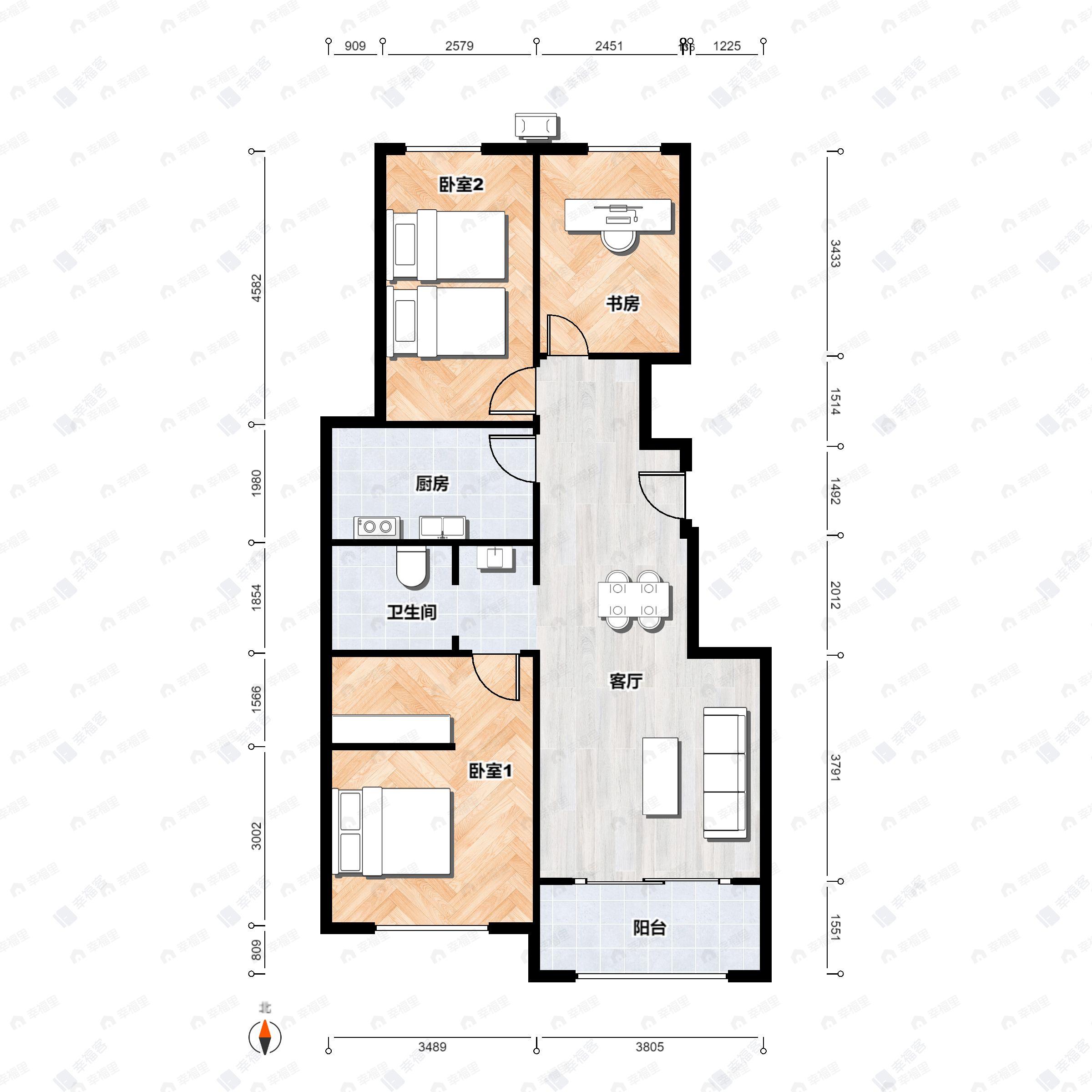 3室2厅1卫建面95m²南|北户型图