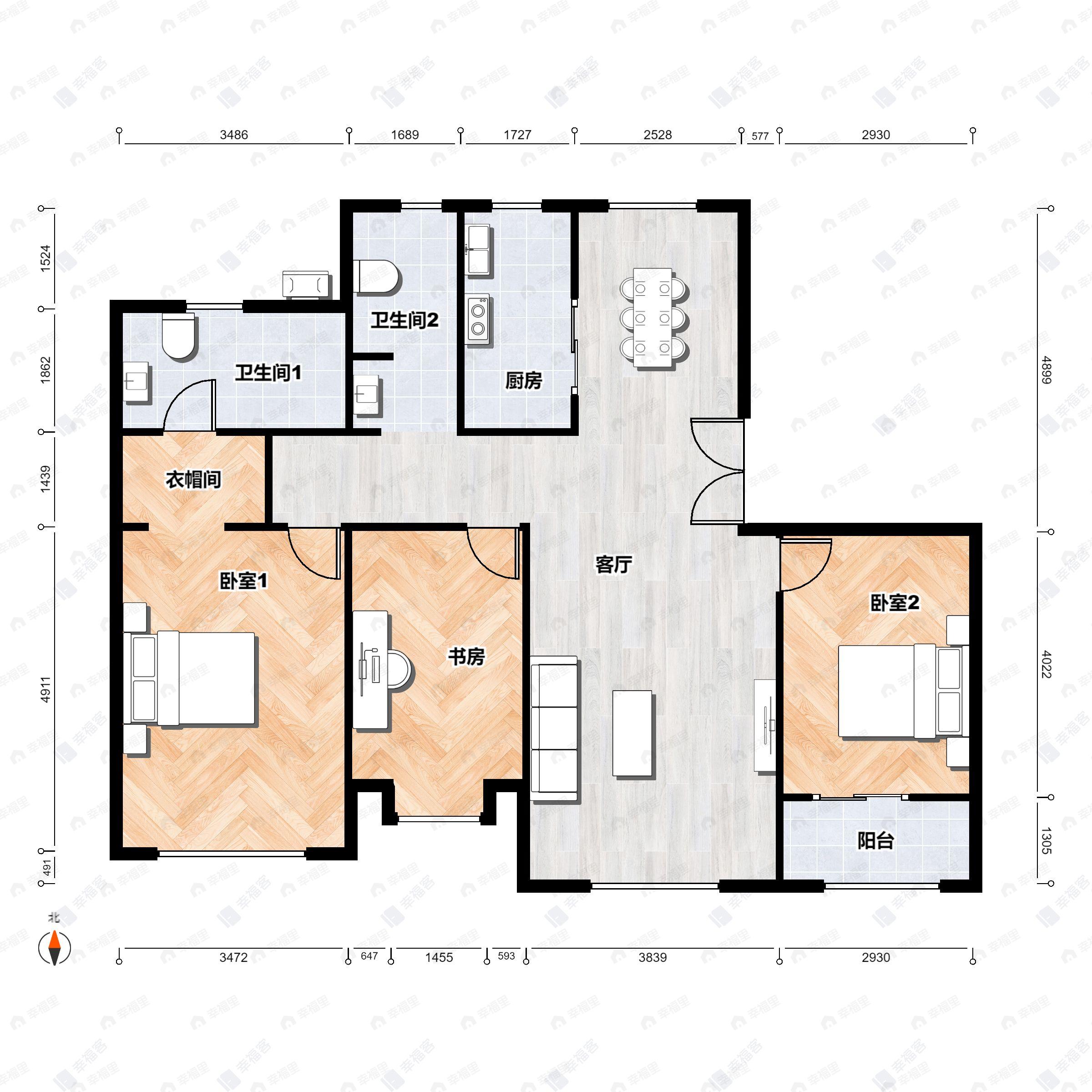 3室2厅2卫建面120m²南|北户型图