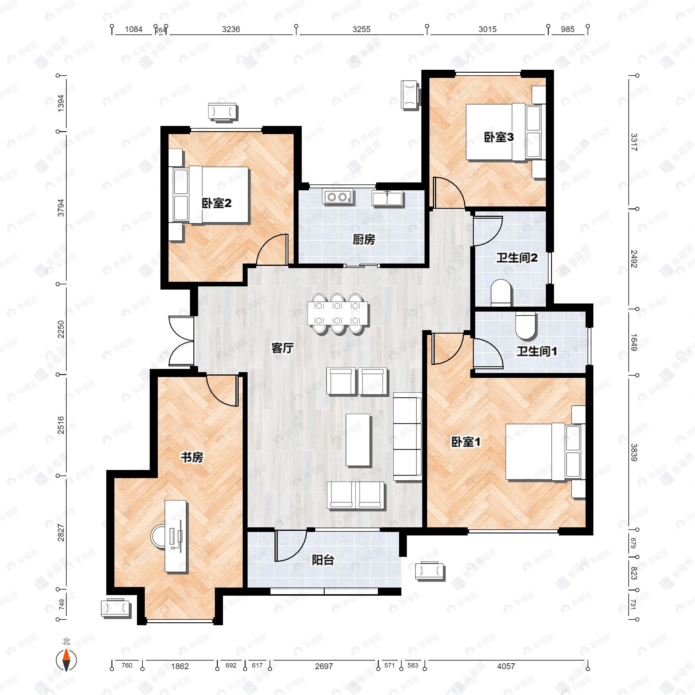 4室2厅2卫建面135平南户型图