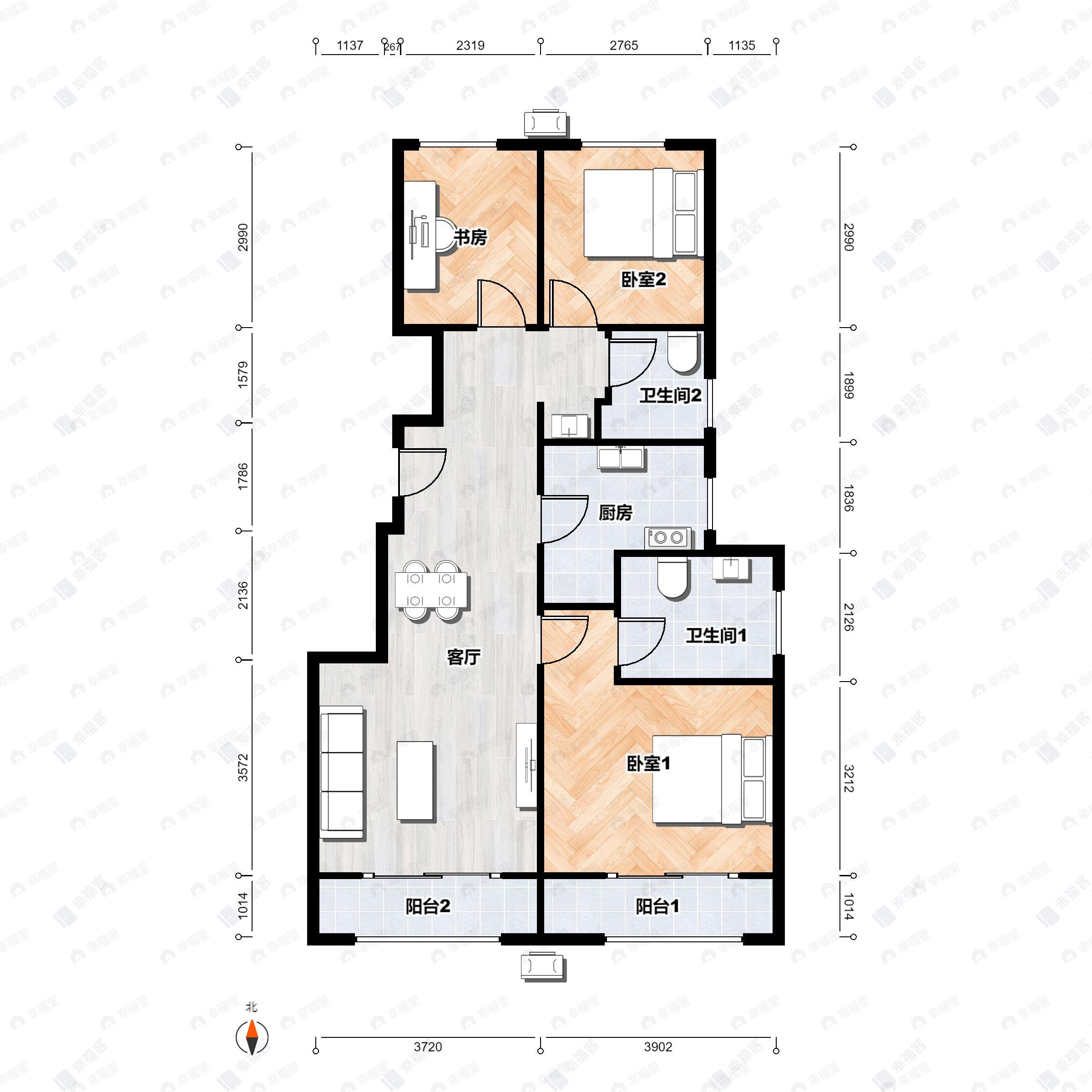 3室2厅2卫建面89m²南|北户型图