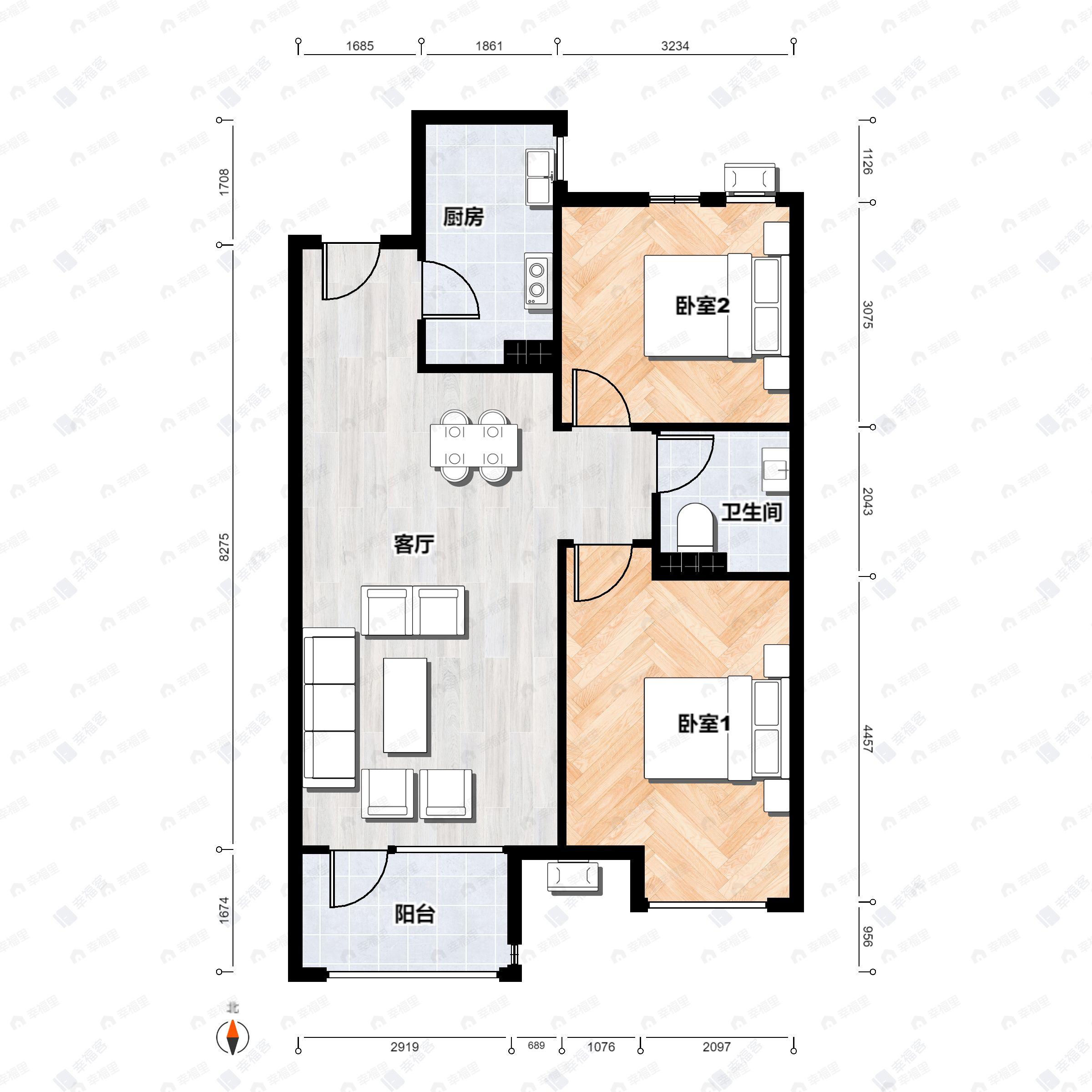 2室2厅1卫建面77m²南|北户型图