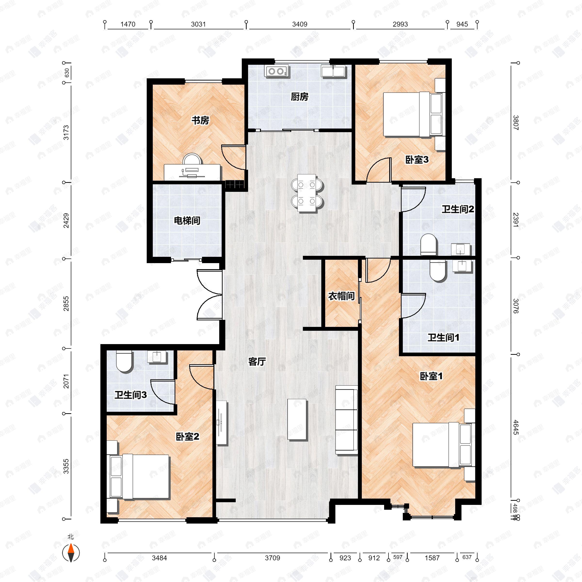 海淀幸福里4室2厅3卫户型图