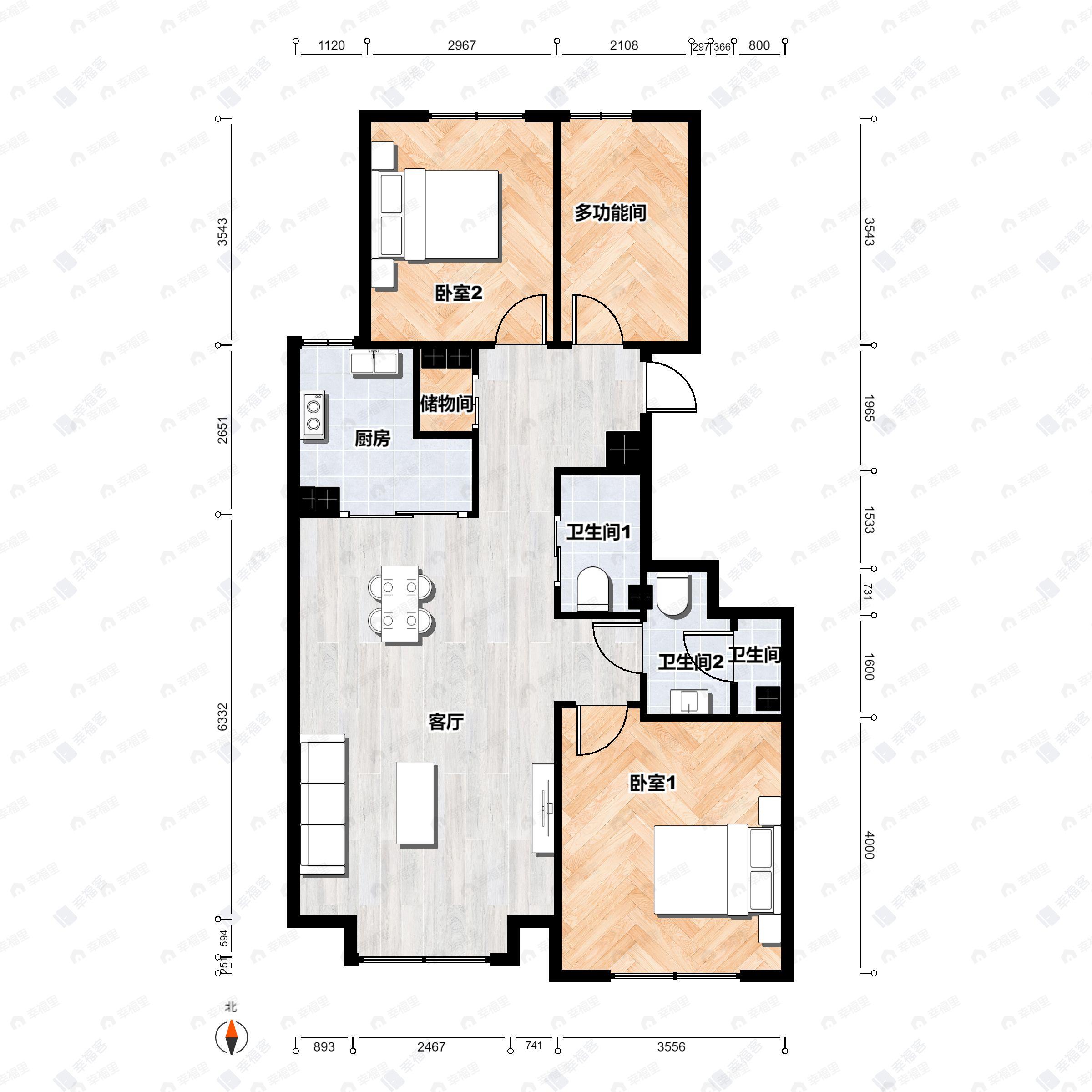 3室2厅2卫建面98平户型图