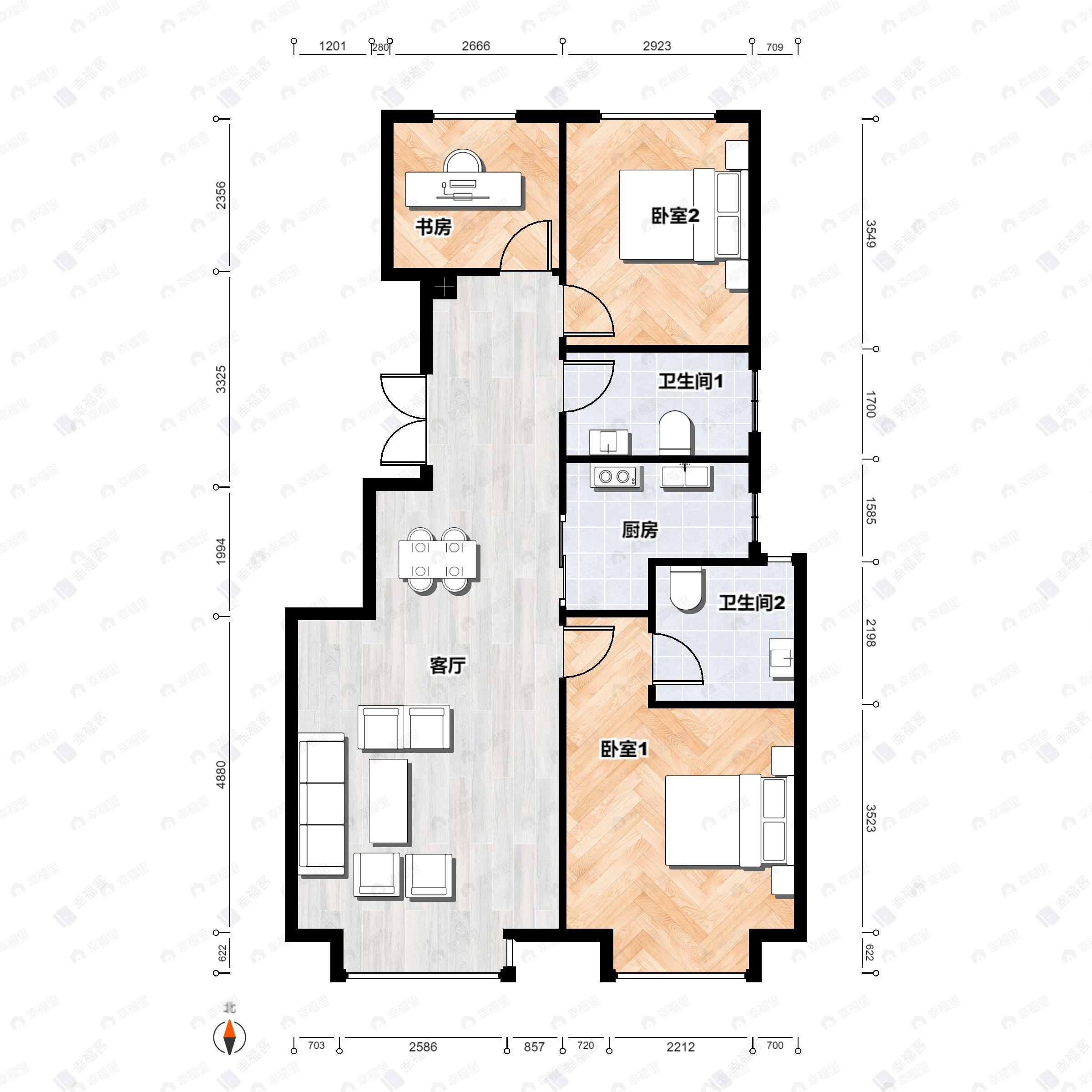 3室2厅2卫建面98m²南|北户型图