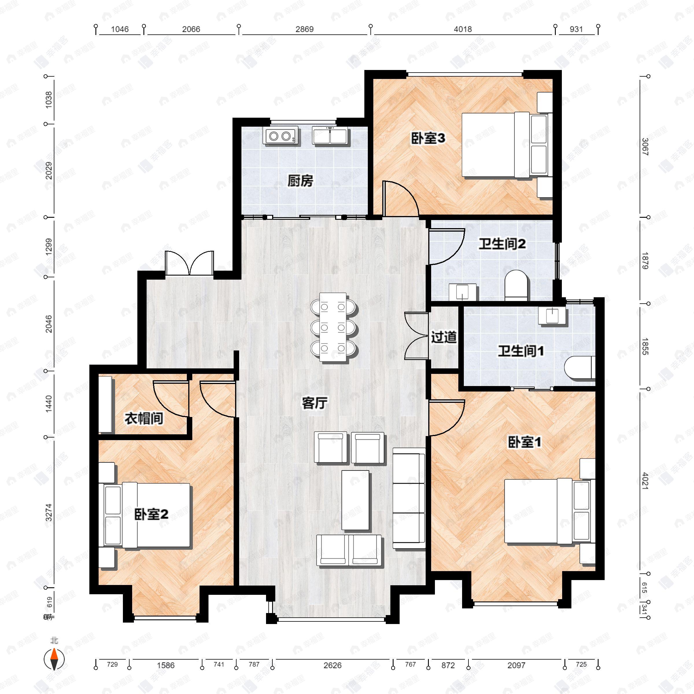 3室2厅2卫建面117m²北|南户型图