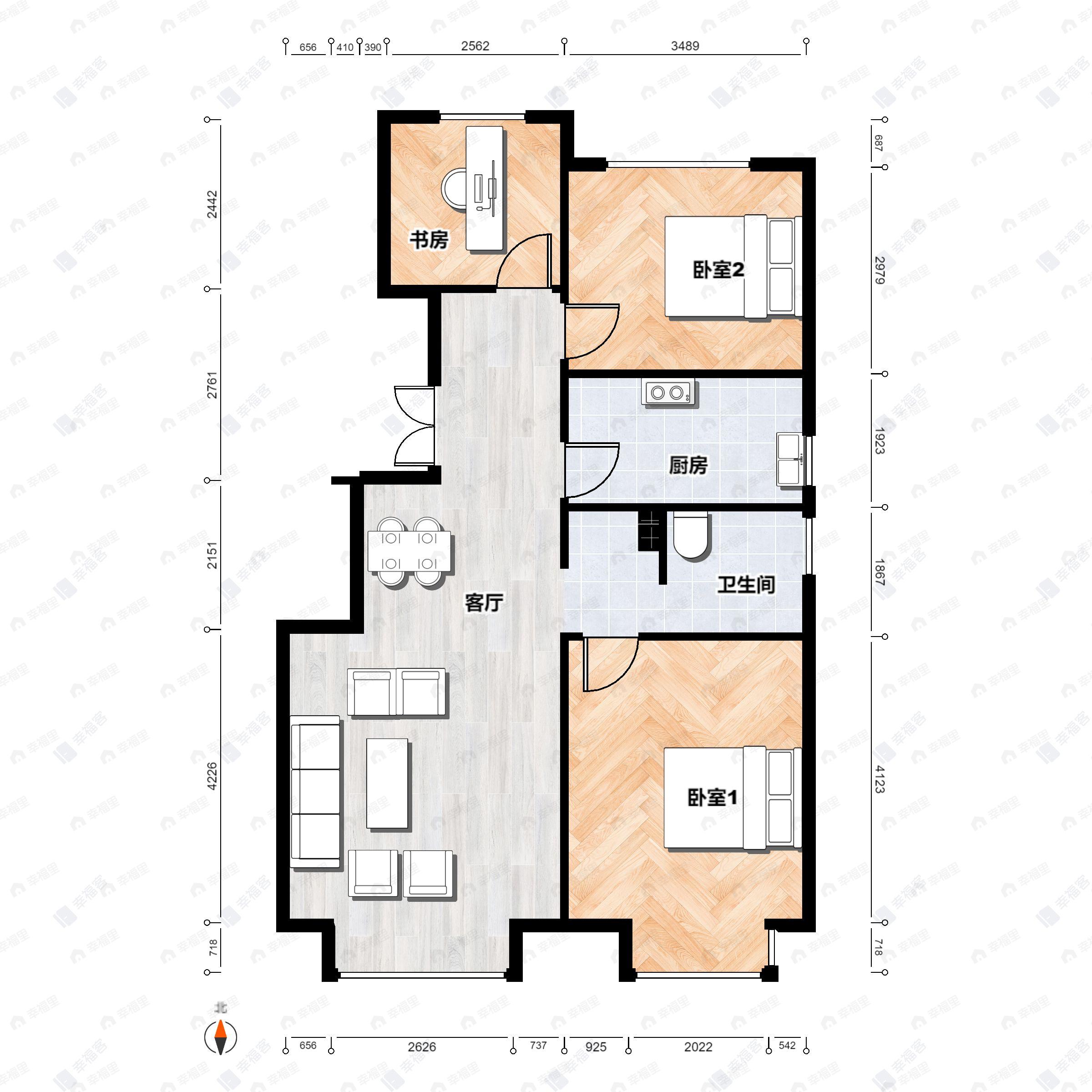 3室2厅1卫建面89平西|东户型图