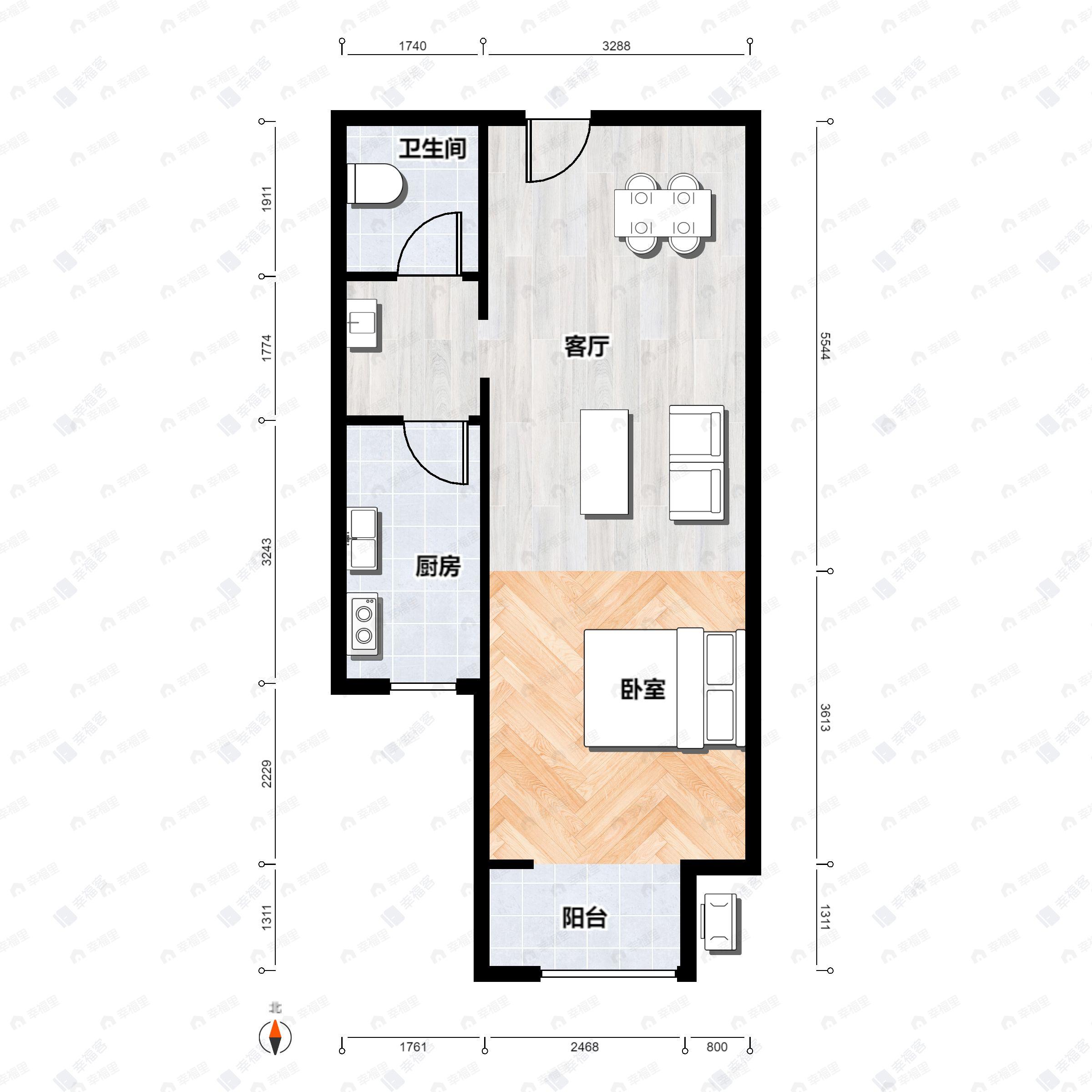 1室1厅1卫建面53平户型图