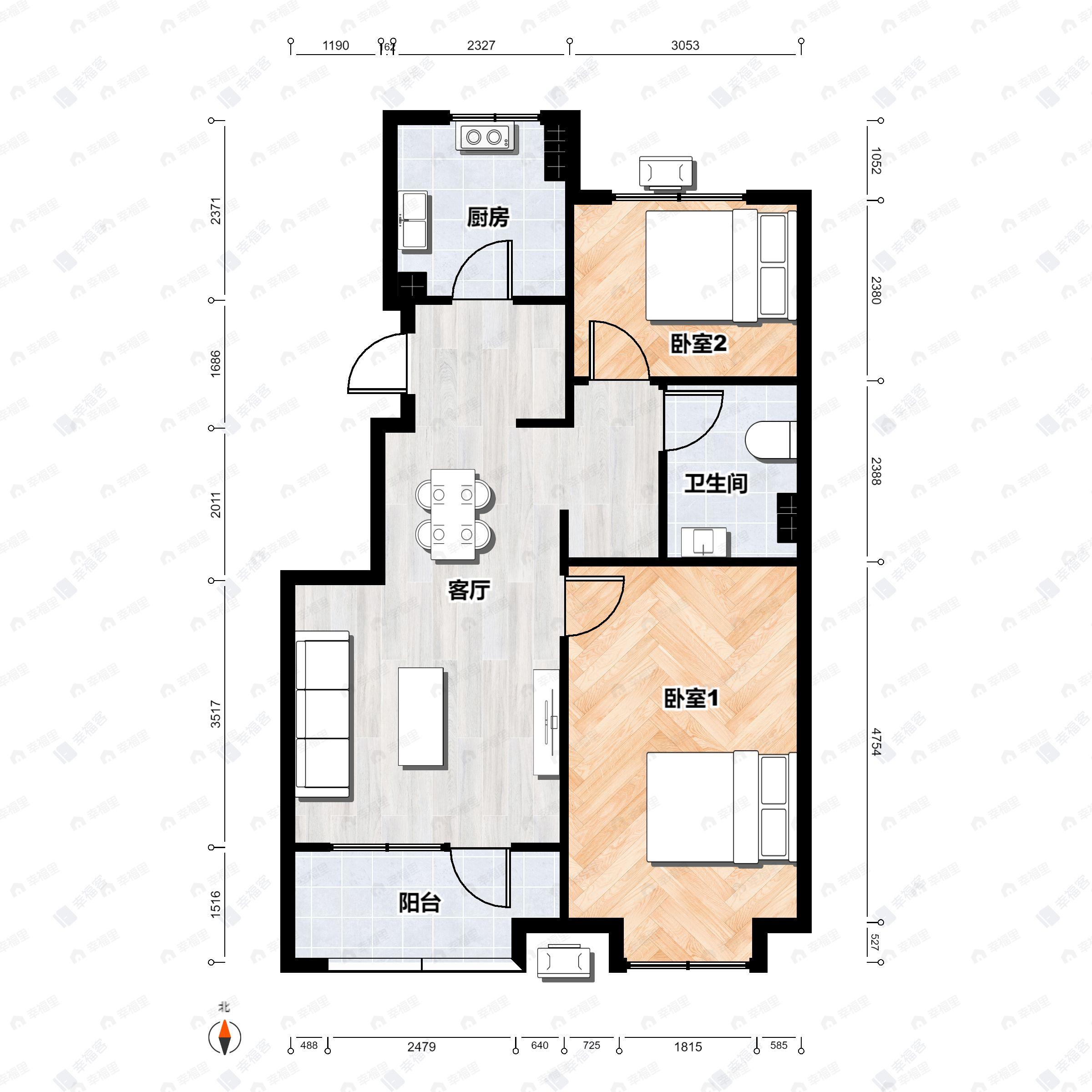 2室2厅1卫建面73m²北|南户型图