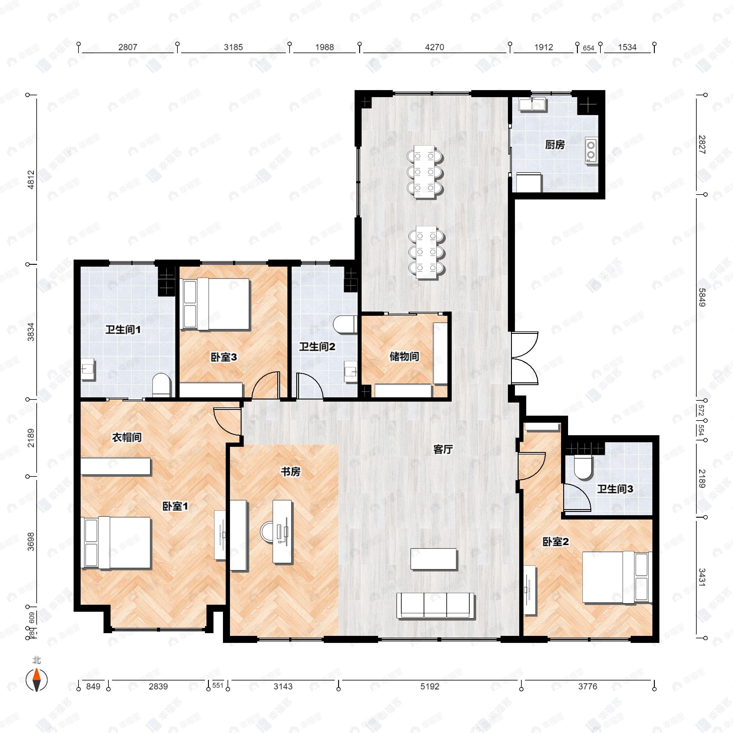 4室2厅3卫建面195平户型图