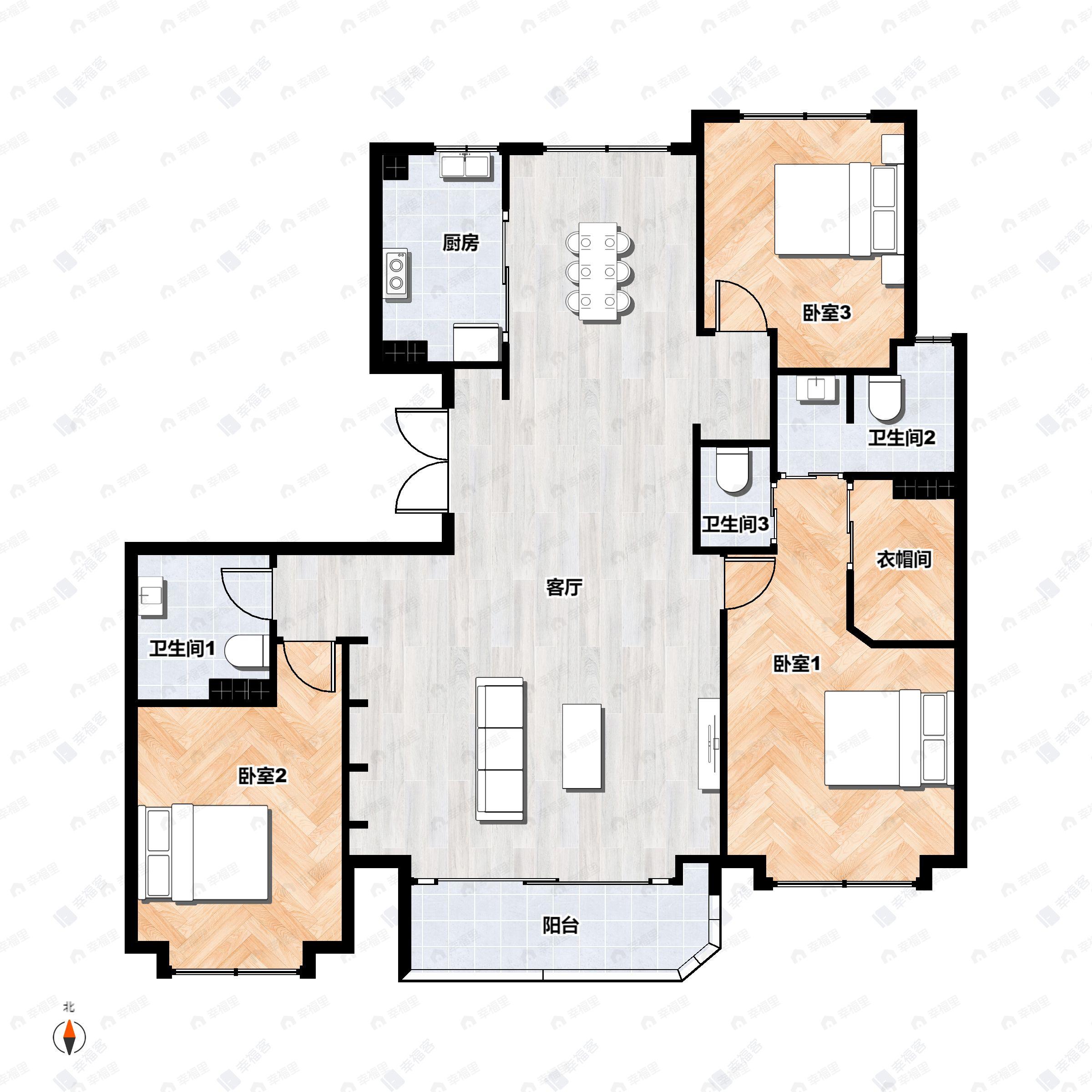 3室2厅2卫建面150m²南|北户型图