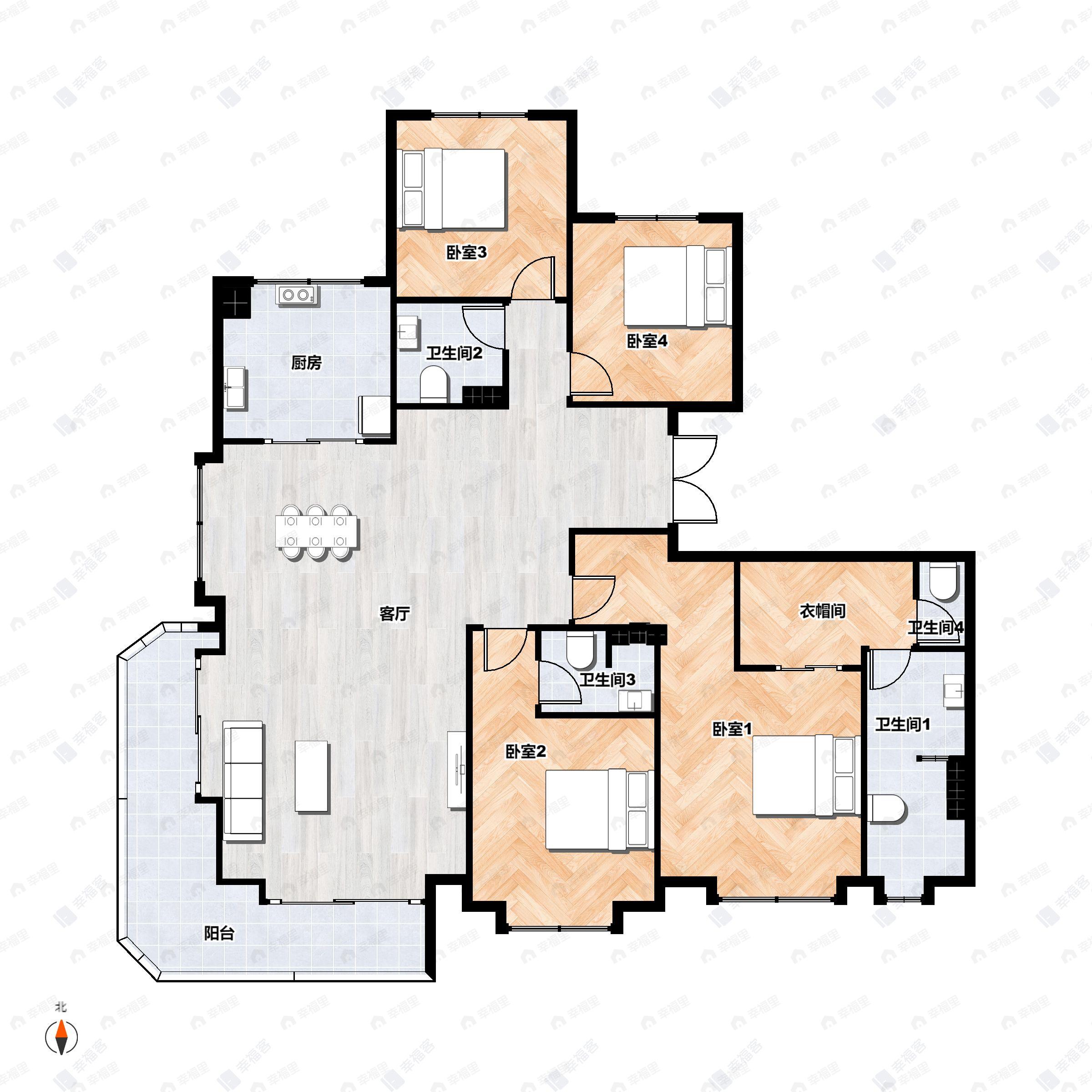 4室2厅2卫建面190平南|北户型图