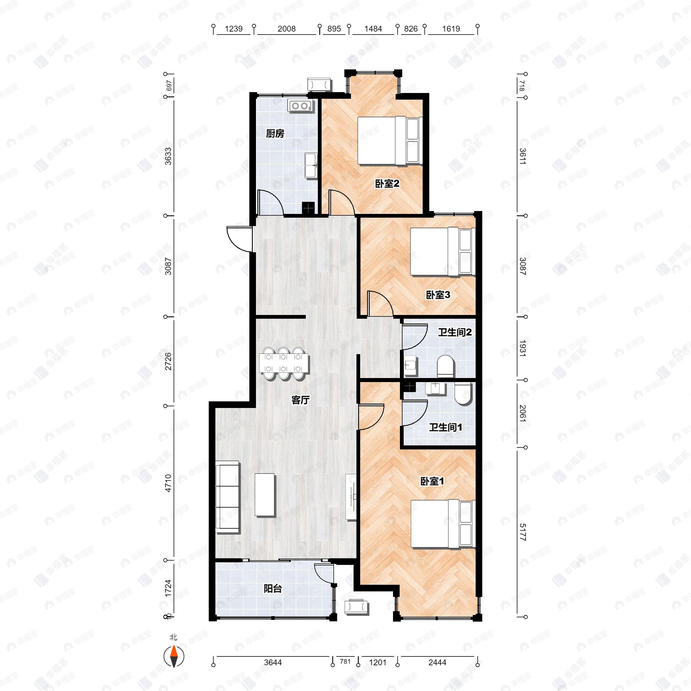 3室2厅2卫建面125m²南户型图